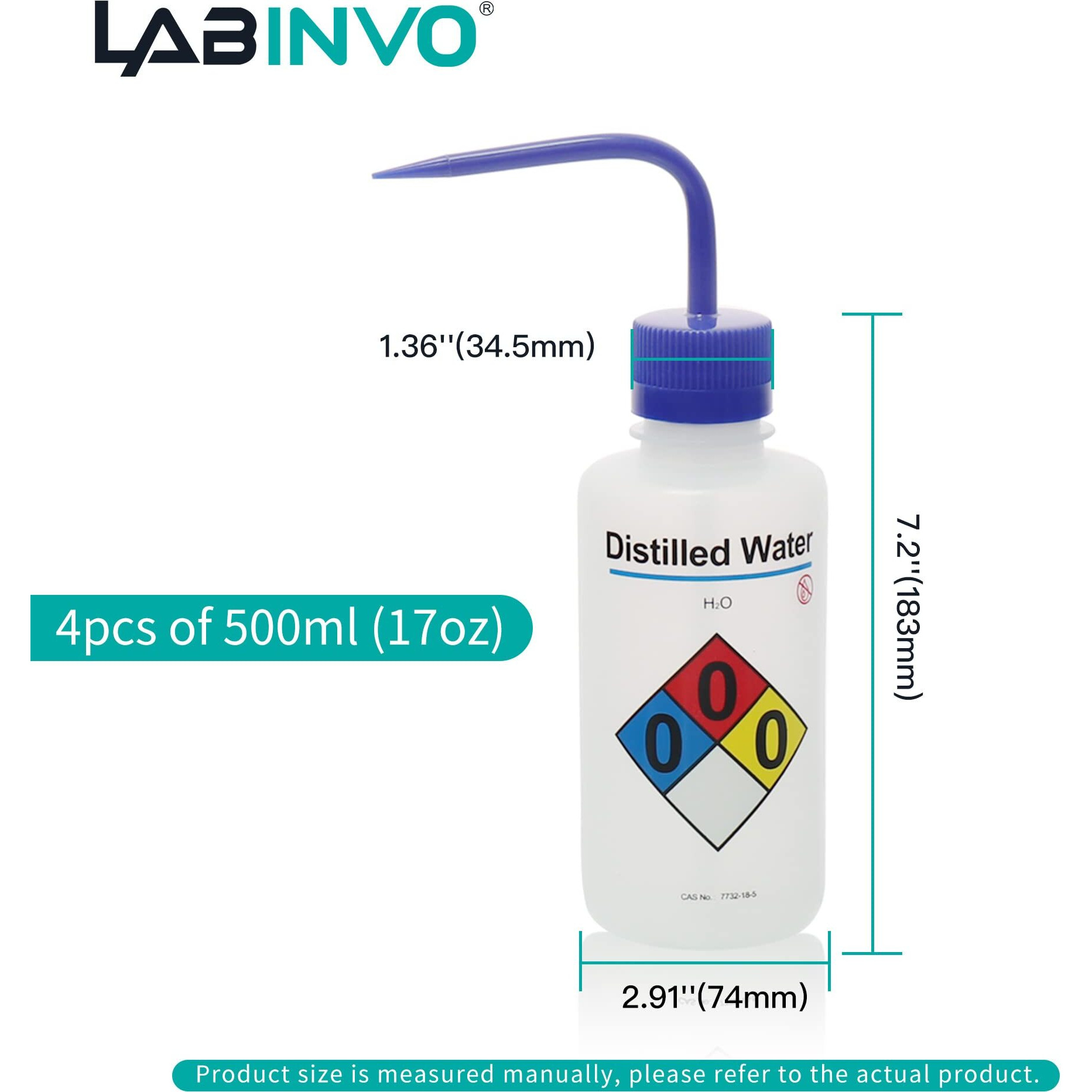 Labinvo 4Pcs Of Distilled Water Wash Bottles  Vol.500Ml (17Oz)  Narrow Mouth  Self-Venting Safety Wash Bottles  Ldpe Material  In-Wbd500