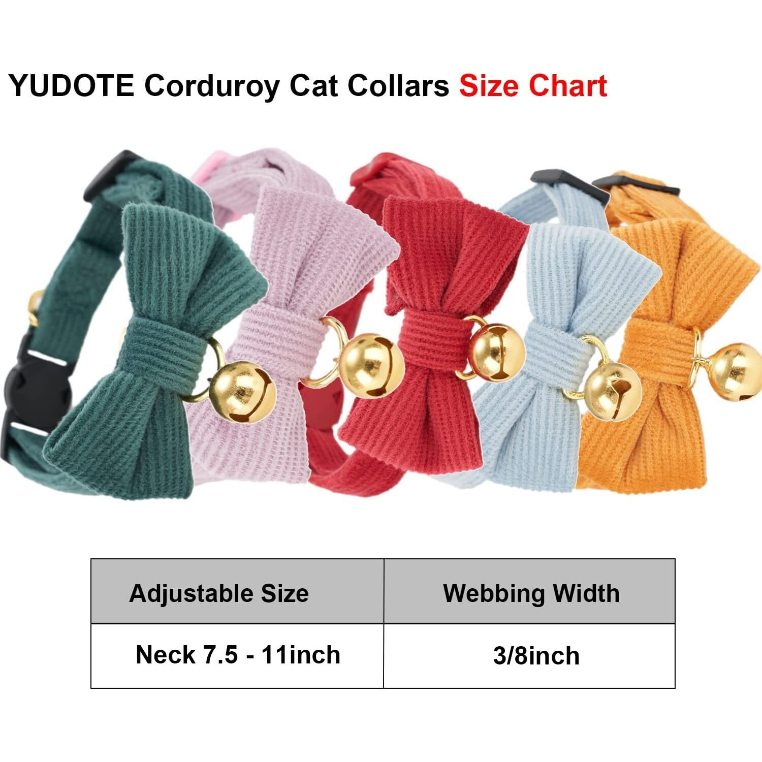 Yudote Cotton Breakaway Cat Collar With Bow Tie And Bell  Adjustable Cute Soft Corduroy Kitten Collars For Girl And Boy Cats Red