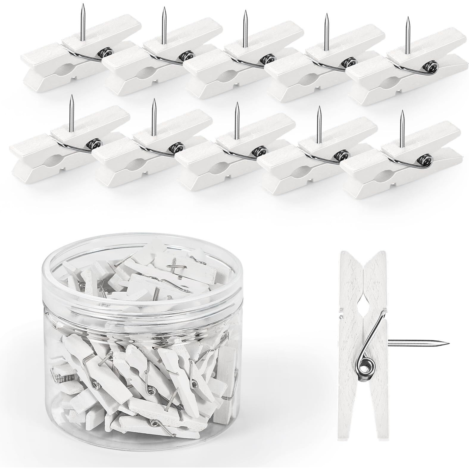 Goolada 50Pcs Wooden Push Pins With Clips White Bulletin Board Clips Cute Pushpins For Cork Board Fun Tacks And Push Pins For Wall For Teachers In Classroom School Offices Accessories Decor Supplies