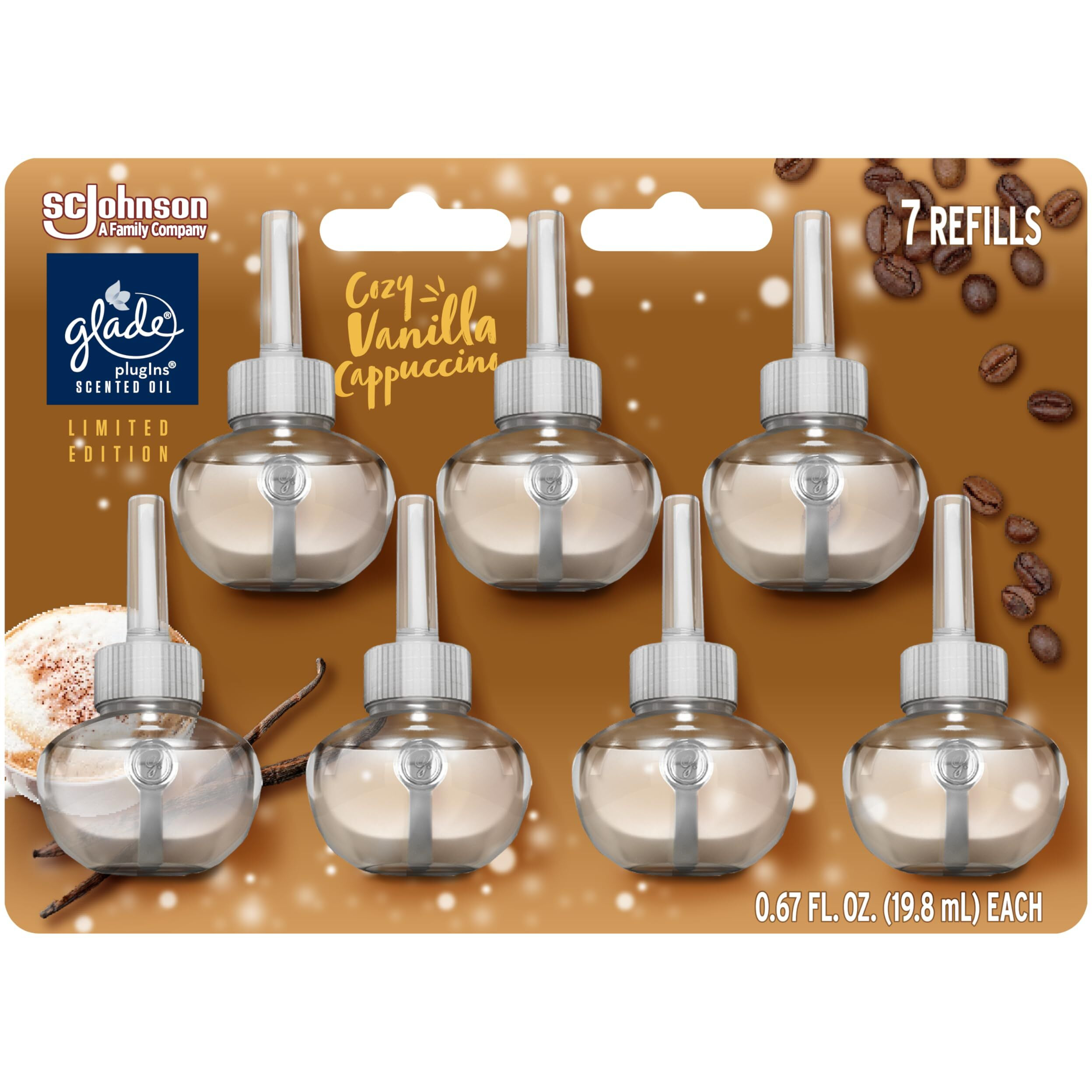 Glade Plugins Refills Air Freshener  Scented And Essential Oils For Home And Bathroom  Cozy Vanilla Cappuccino  Limited Edition Scent  4.69 Fl Oz  7 Count
