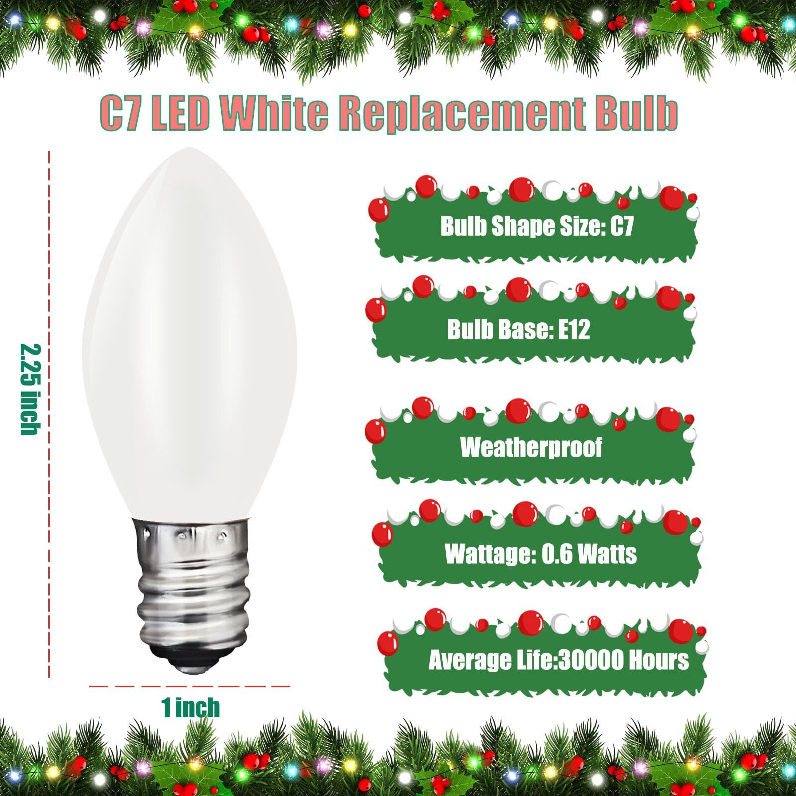 25 Pack C7 Led Replacement Light Bulbs  0.6W Energy-Saving Led White Replacement Light Bulbs For Outdoor Christmas String Lights  Shatterproof Led Night Light Bulbs  E12 Candelabra Base Led Bulbs