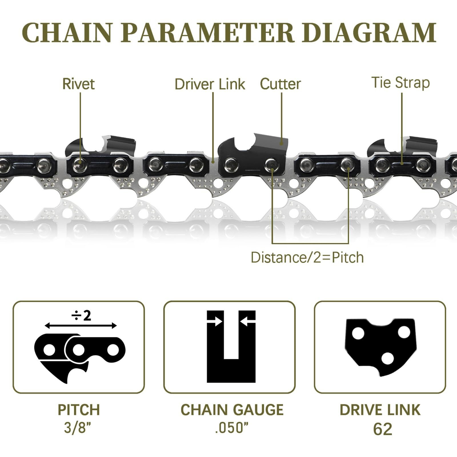 5Pack 18 Inch Chainsaw Chain 62 Drive Links 3/8"" Lp Pitch .050"" Gauge Fits Poulan Pro 18 Inch Chainsaw Chain  Oregon  Echo  Ego Ac1800  Craftsman  Mcculloch  Ryobi  Remington  Kobalt And More