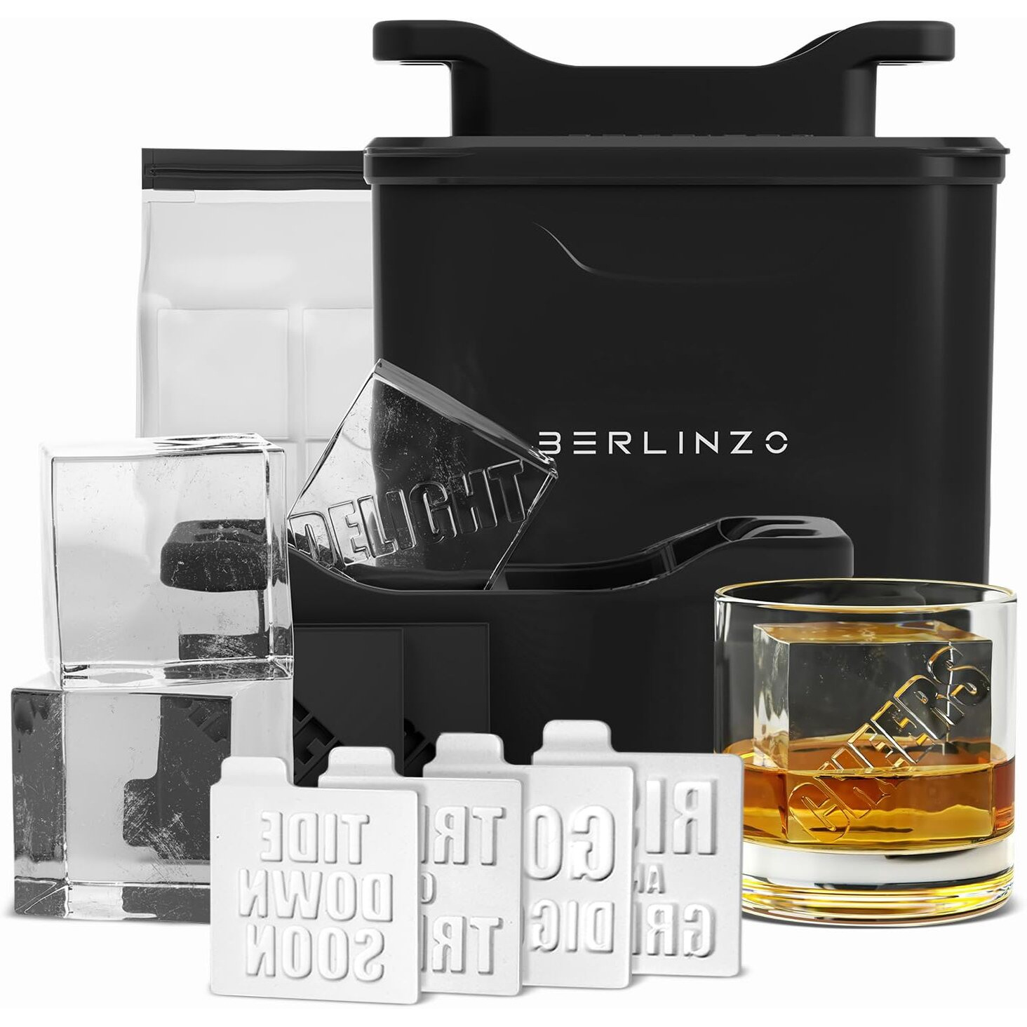 Berlinzo Premium Clear Ice Cube Maker Mold - 4 Large 2.1-Inch Crystal Clear Ice Square Cubes For Whiskey & Cocktails - Easy-To-Remove Ice Cube Mold - Storage Bag & Silicone Inserts Included  Black