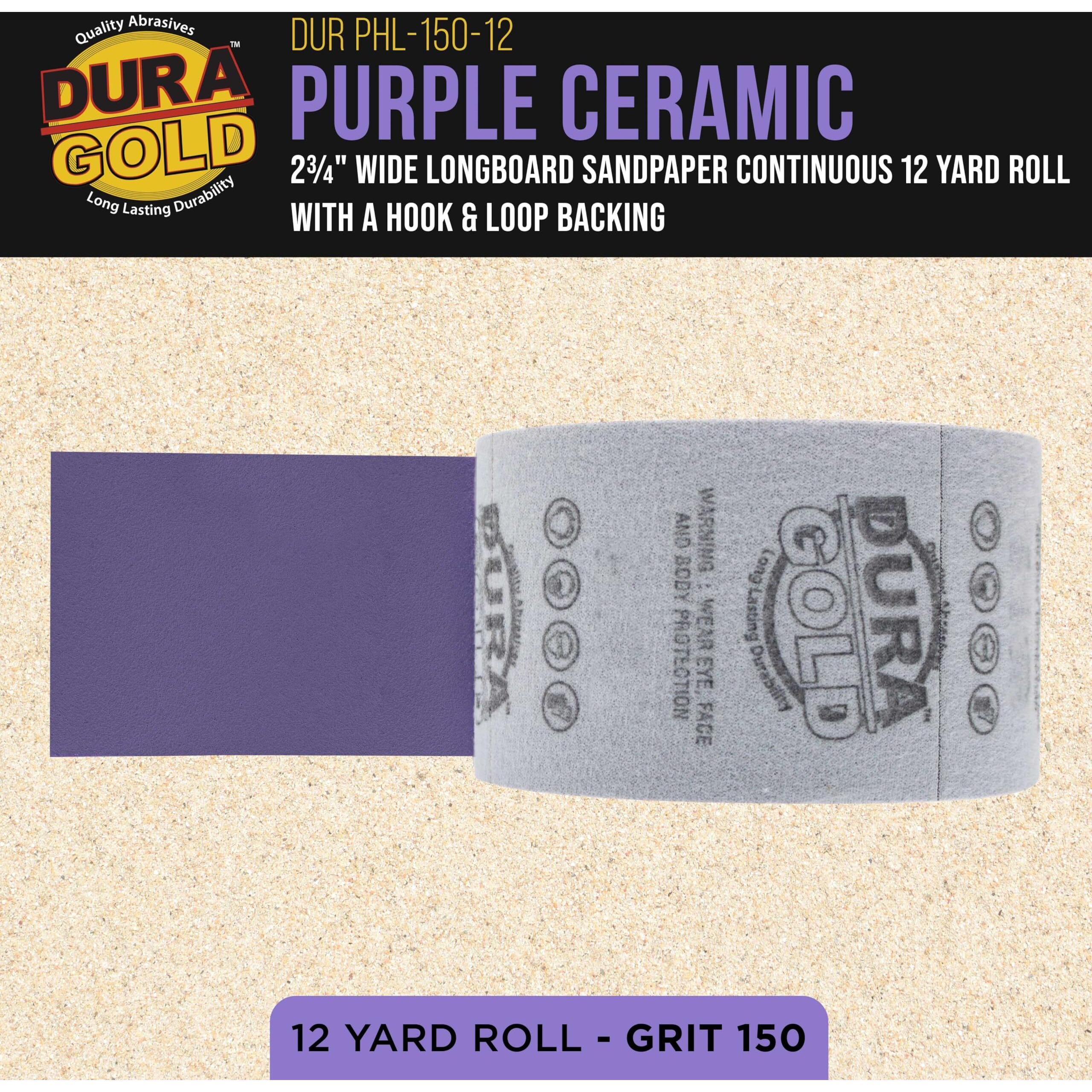 Dura-Gold Premium 150 Grit Purple Film Ceramic Longboard Sandpaper  2-3/4"" Wide Continuous 12 Yard Roll - Hook & Loop Backing For Auto & Woodworking Air File Long Board Sanders  Hand Sanding Blocks