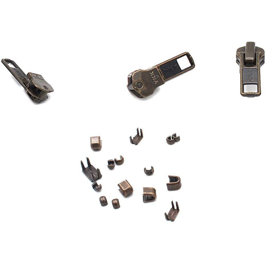 Zipper Repair Kit - 5 Ykk Antique Brass Auto Lock Sliders - 3 Sliders Per Pack With Top & Bottom Stoppers Included - Made In The United States