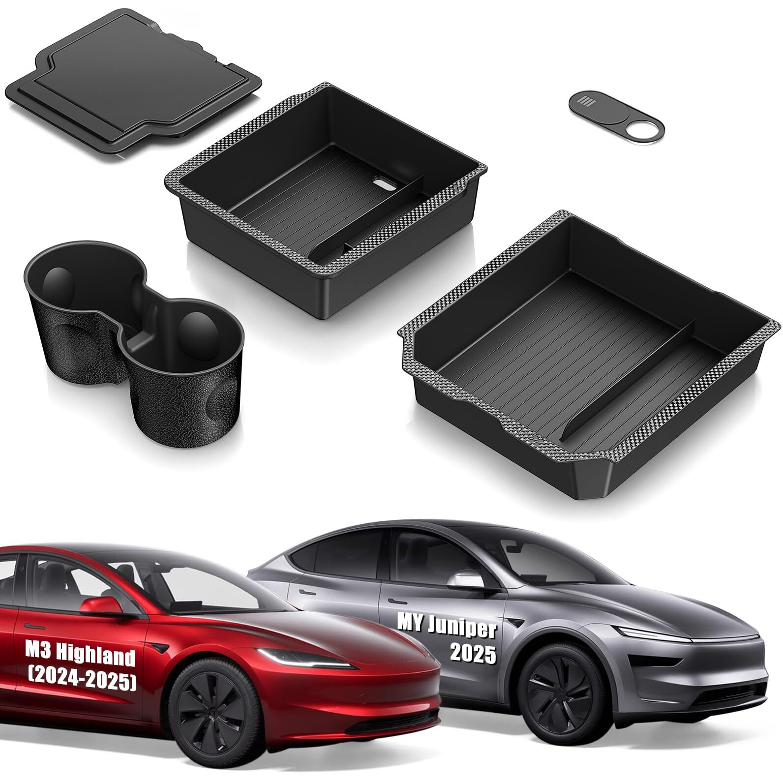 Xintuo Upgraded Tesla Model 3 Accessories 2025-2024 Highland Center Console Organizer Tray 5Pcs For Tesla Model Y Juniper 2025  Hidden Storage Box  Cup Holder & Armrest Drawer Organizer