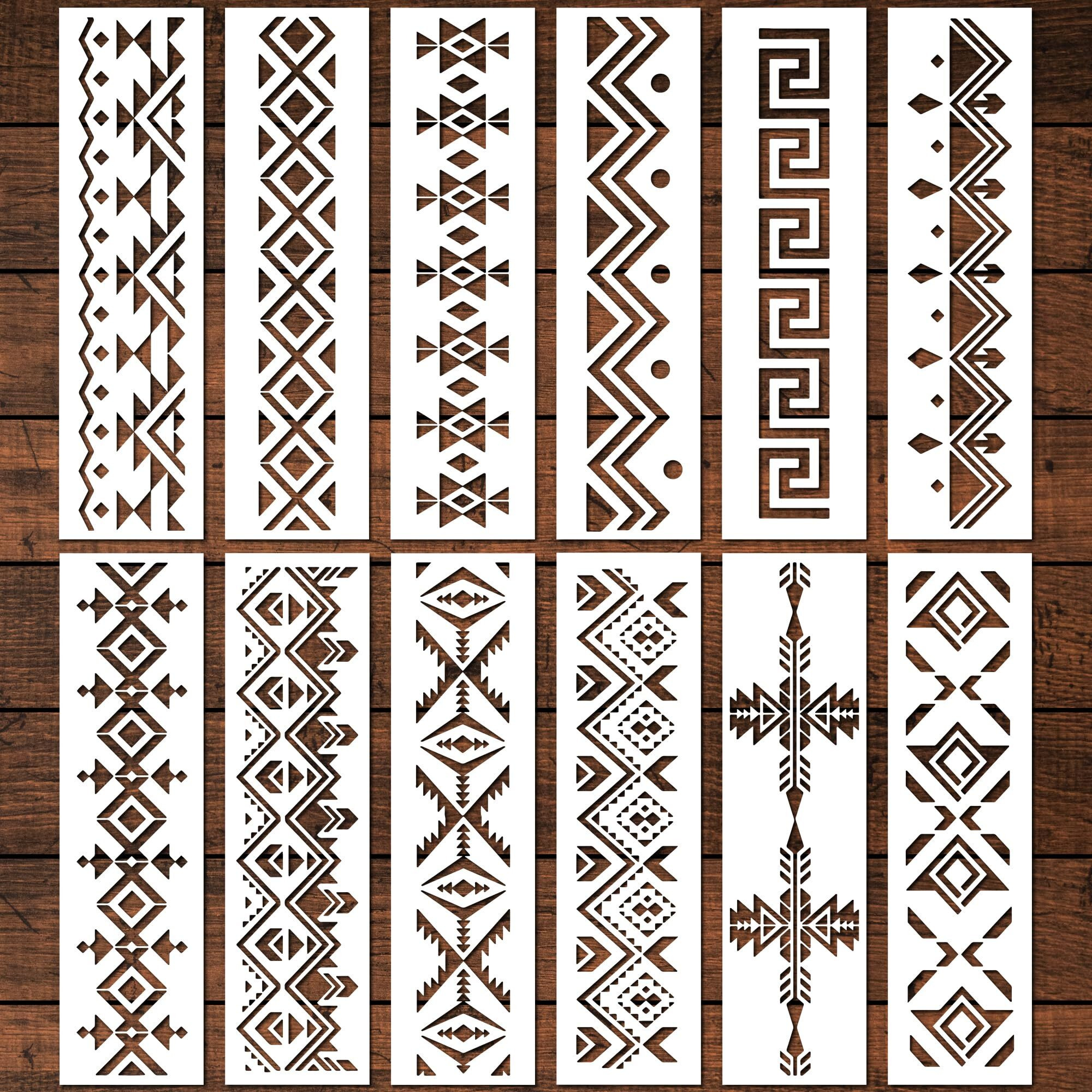 Keluna Aztec Stencils - 12 Pcs Boho Borders Pattern Stencils For Diy Wall & Wood Canvas Painting
