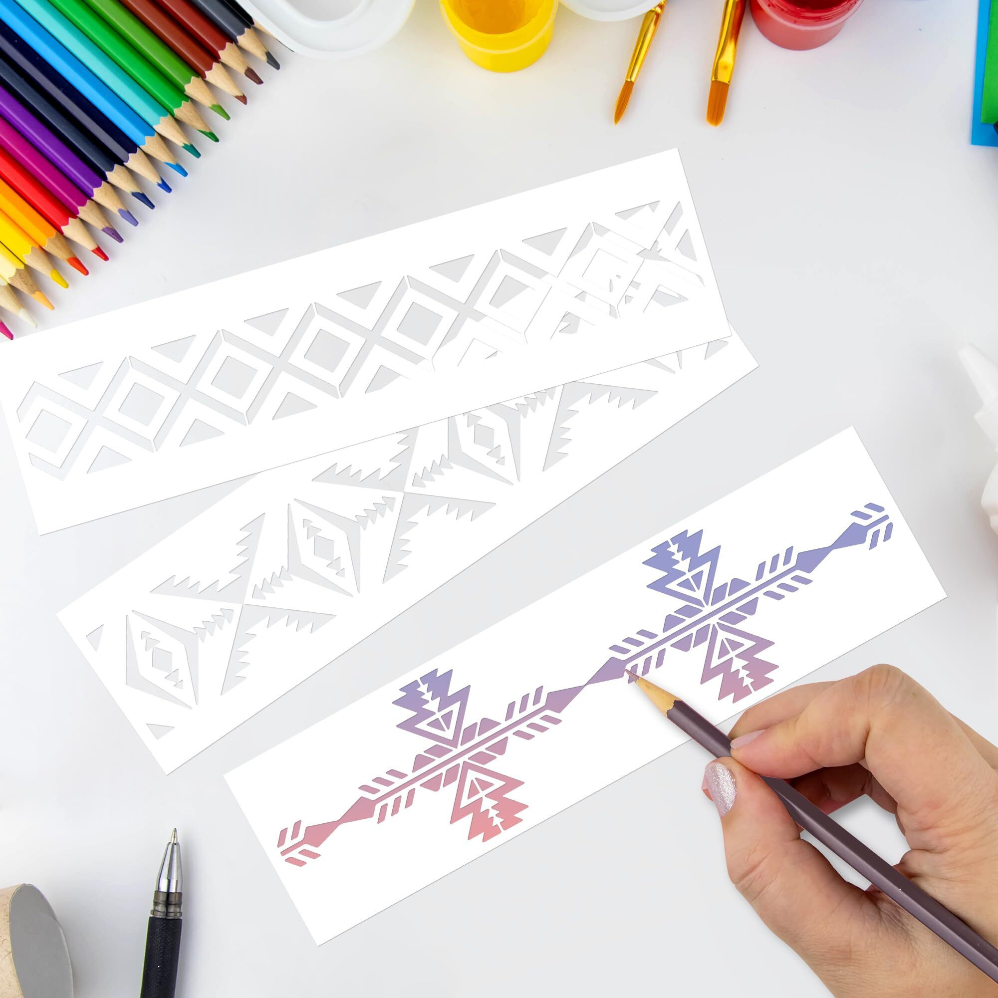 Keluna Aztec Stencils - 12 Pcs Boho Borders Pattern Stencils For Diy Wall & Wood Canvas Painting