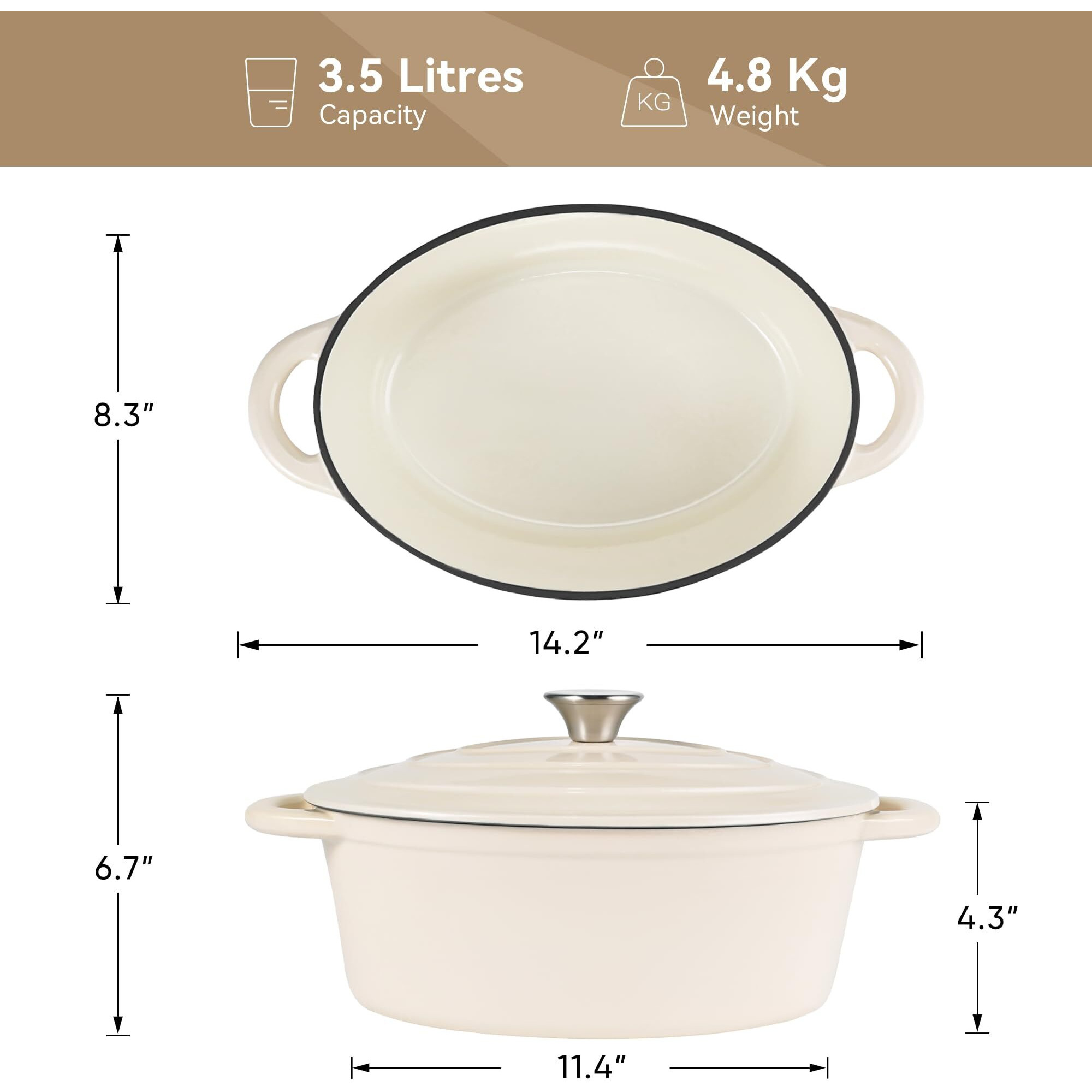 Kerilyn 4.5 Qt Enameled Oval Dutch Oven Pot With Lid And Dual Handles  Cast Iron Dutch Oven For Cooking  Bread Baking  Non-Stick Enamel Coated Cookware (Beige)