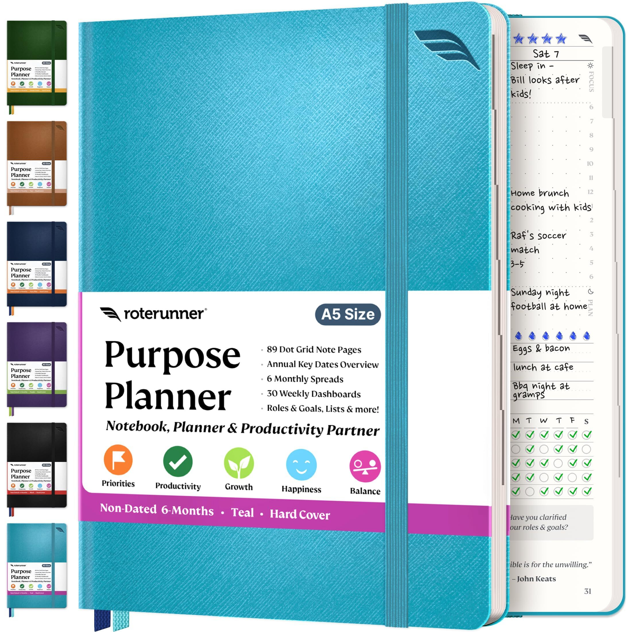 Roterunner Purpose Planner Notebook A5 5.8 X8.3  Undated 2025 Daily Weekly And Monthly Productivity Goal Setting Tool For Work Home Adhd Planner For Adults Self Care Journal (Teal Hardcover)