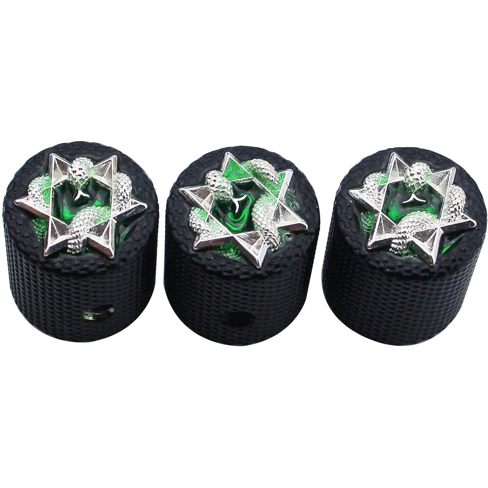 Guyker Guitar Bass Potentiometer Control Knobs With 6Mm Dia. Shaft Pots - 3Pcs Zinc Alloy Speed Tone Volume Knob Replacement Part  (Chrome Green Snake Top  Black Body)