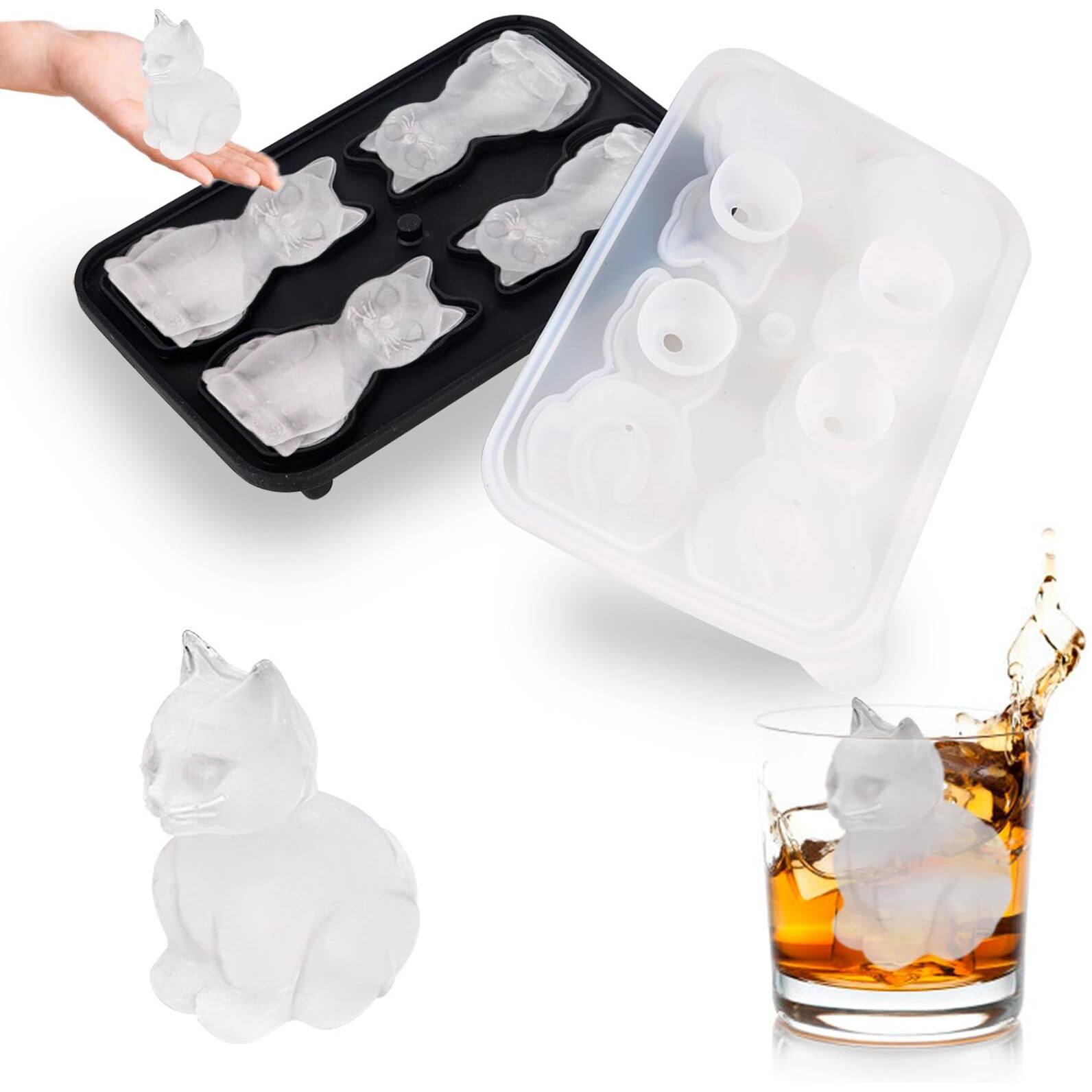 Cat Ice Cube Tray Mold - 3D Cat Shape Ice Cube Trays  Cute Ice Cube Molds For Whiskey Bourbon  4-Hole Large Fun Shapes Ice Cube Trays  Funny Cat Gifts For Cat Lovers Women Men