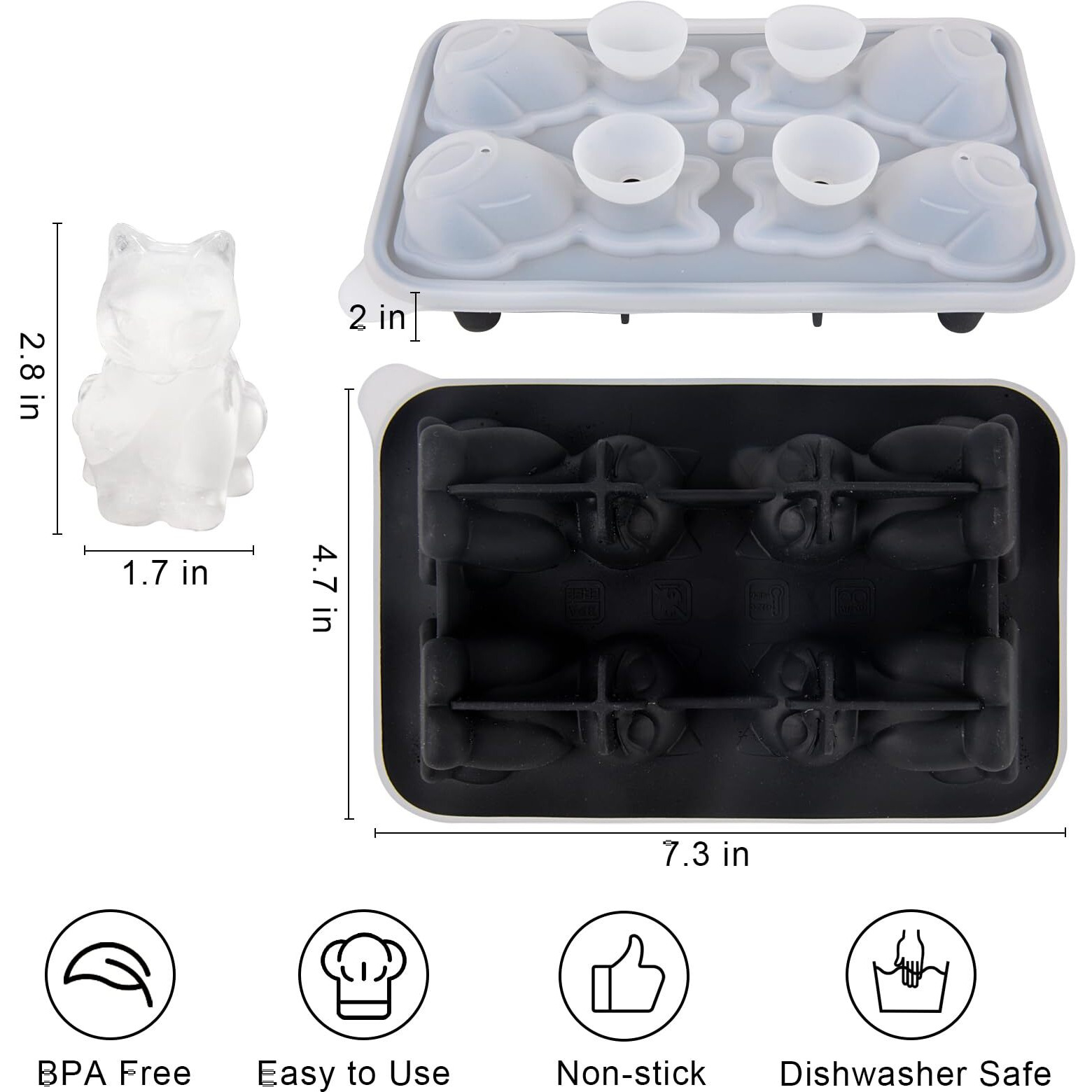 Cat Ice Cube Tray Mold - 3D Cat Shape Ice Cube Trays  Cute Ice Cube Molds For Whiskey Bourbon  4-Hole Large Fun Shapes Ice Cube Trays  Funny Cat Gifts For Cat Lovers Women Men