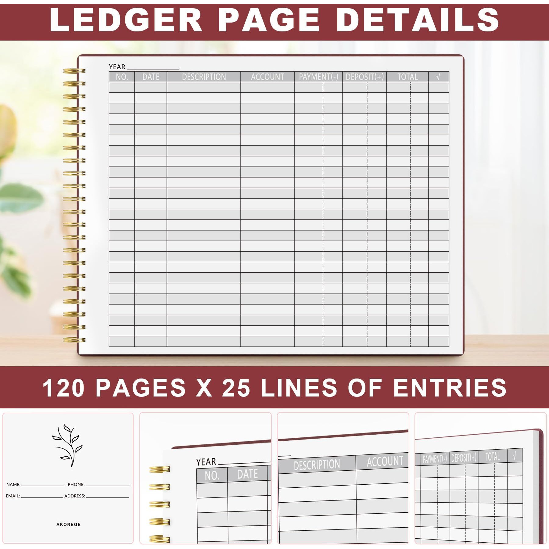 Akonege Accounting Ledger Book For Small Business Bookkeeping & Personal Use  Horizontal Expense Tracker Notebook For Family Budget  Bookkeeping Record Book Money Expense Income Log Journal  Wine Red