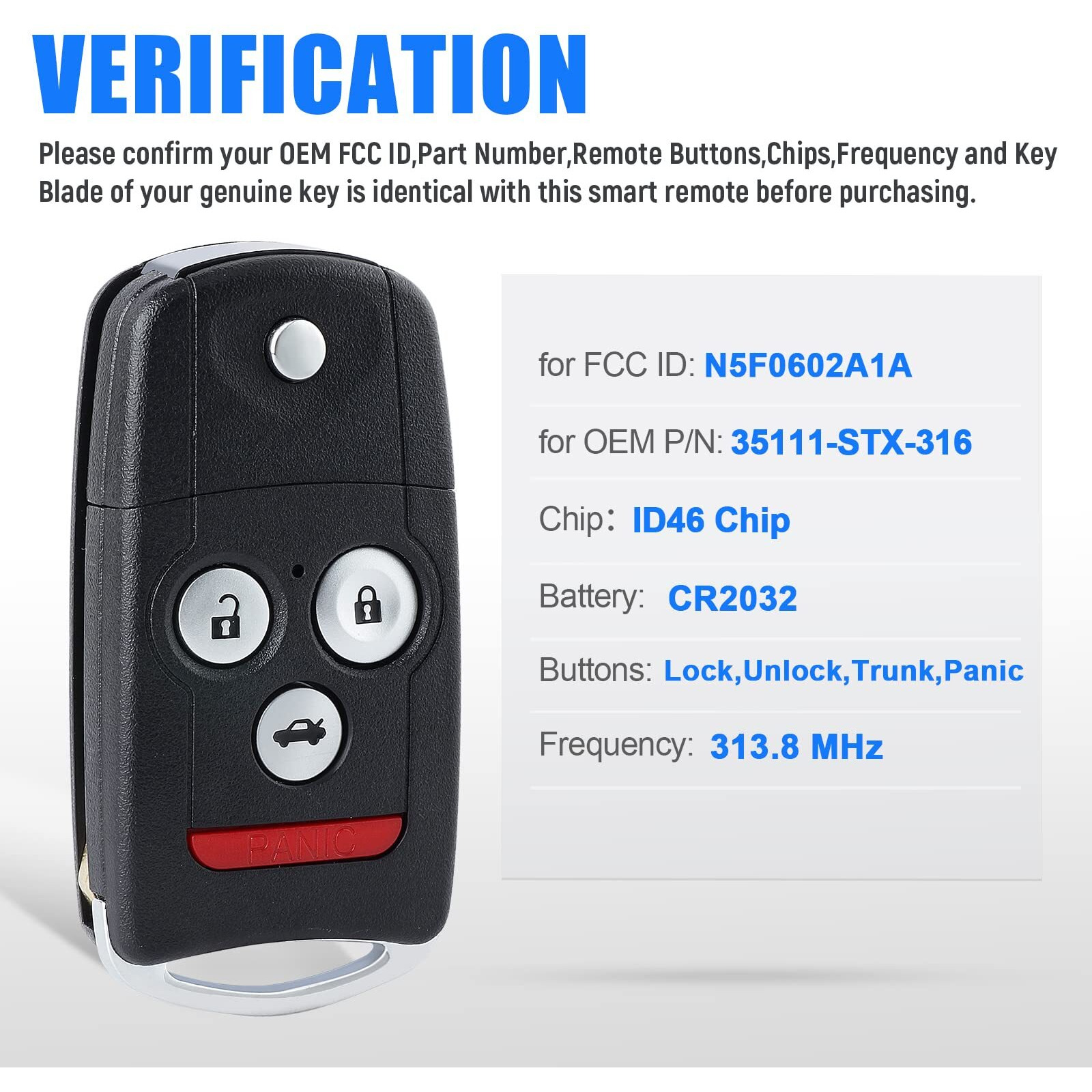 Keymall Car Key Fob Keyless Entry Remote Replacement For Acura Mdx/Rdx 2007 2008 2009 2010 2011 2012 2013 Fcc IdN5F0602A1A P/N35111-Stx-316 4 Buttons