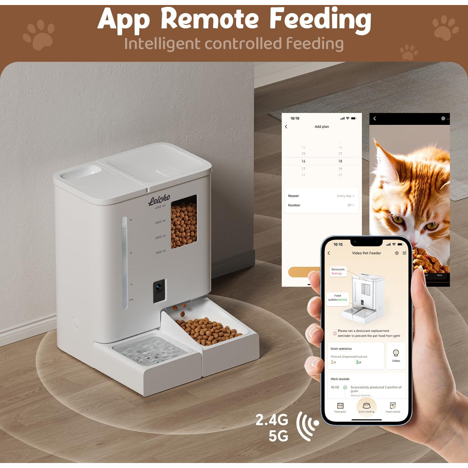 Automatic Cat Feeder With Camera 5G/2.4G Wifi Pet Feeder 2K Hd Video And Night Vision Easy App Operation Low Food And Food Clogging App Tips Water And Grain Large Capacity Feeder