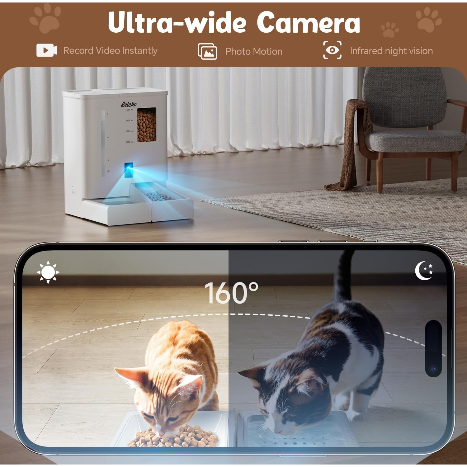 Automatic Cat Feeder With Camera 5G/2.4G Wifi Pet Feeder 2K Hd Video And Night Vision Easy App Operation Low Food And Food Clogging App Tips Water And Grain Large Capacity Feeder