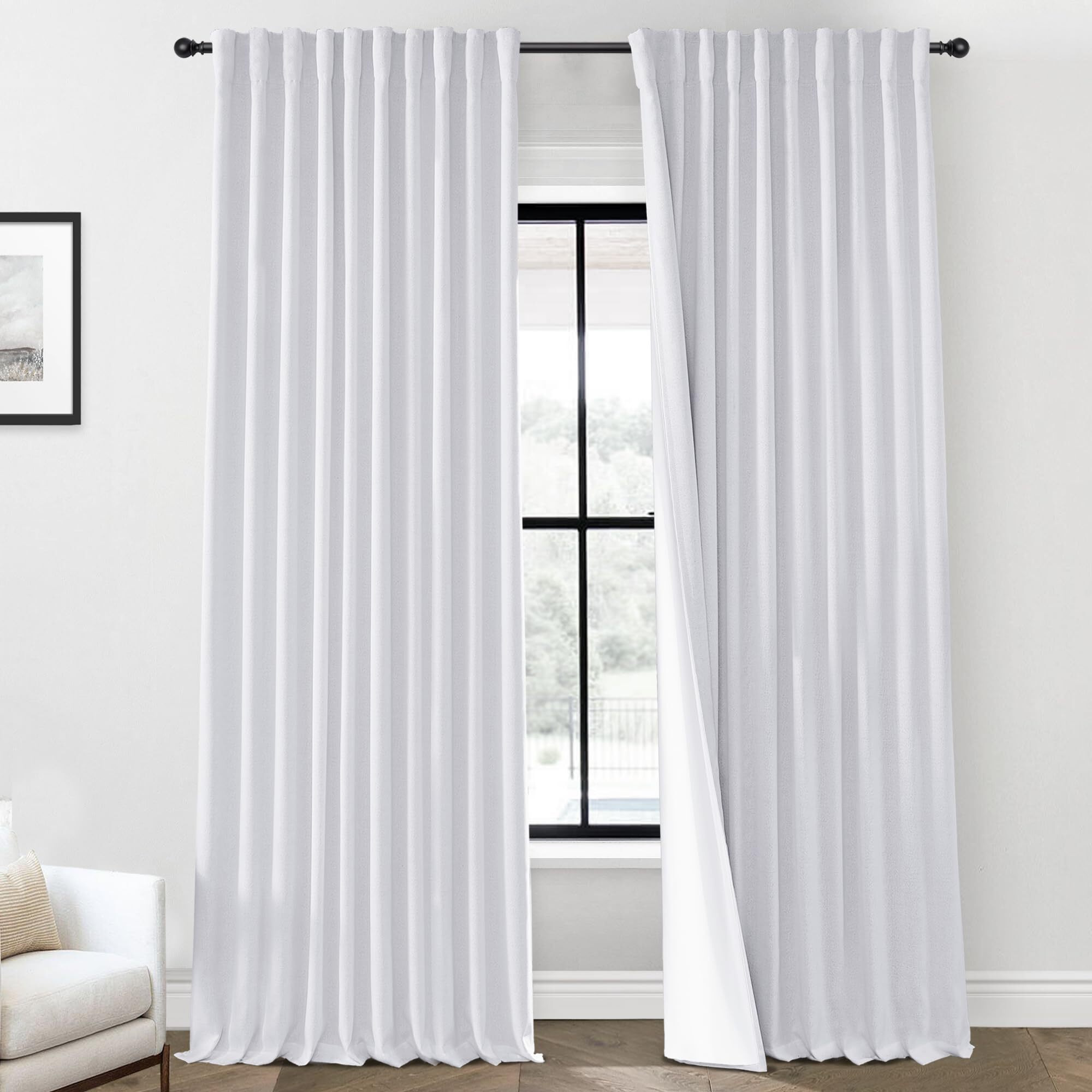 Panelsburg White 90 Inch Length Blackout Back Tab/Rod Pocket Thermal Insulated Linen Curtains Set 2 Panels 70 Inch Wide