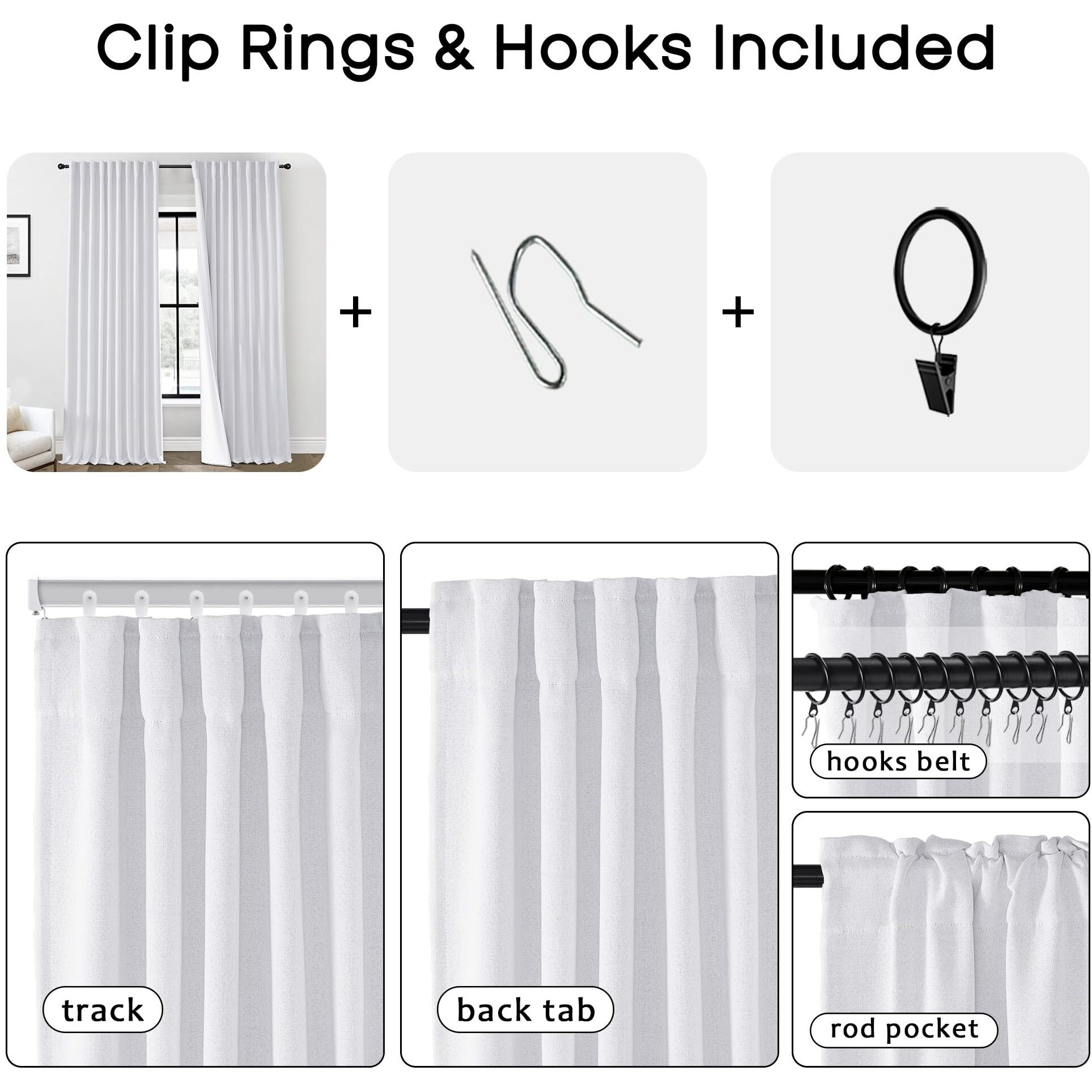 Panelsburg White 90 Inch Length Blackout Back Tab/Rod Pocket Thermal Insulated Linen Curtains Set 2 Panels 70 Inch Wide
