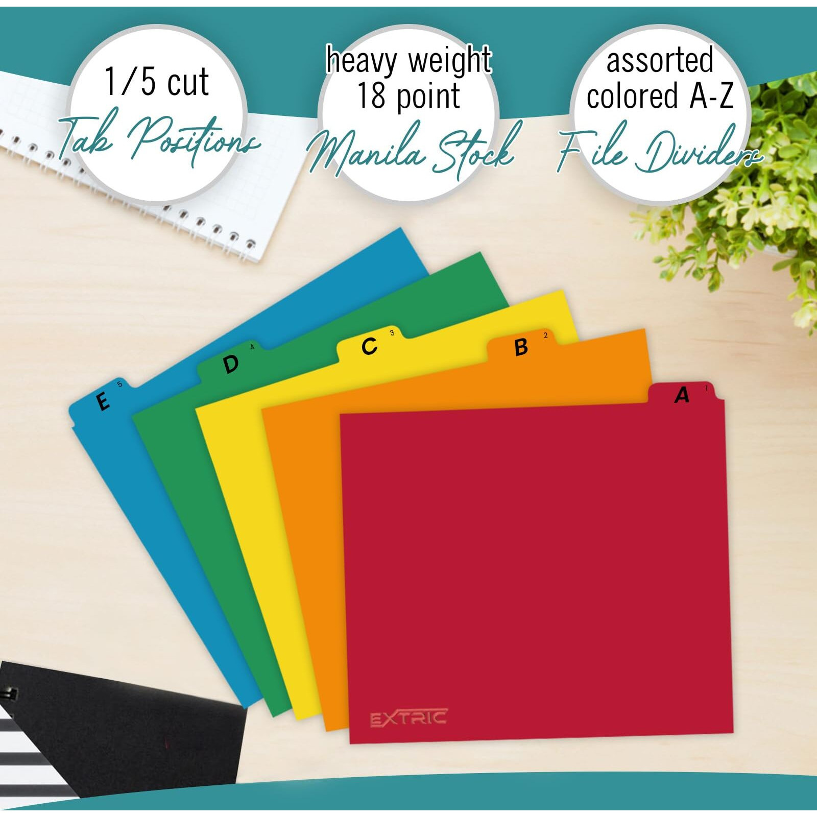 Extric Alphabetical File Organizer  25 Alphabet Dividers With Tabs Letter Size File Cabinet Dividers  A-Z Manila Guides 5 Assorted Colors  1/5 Cut Tab Positions Filing Cabinet And Desk Organization