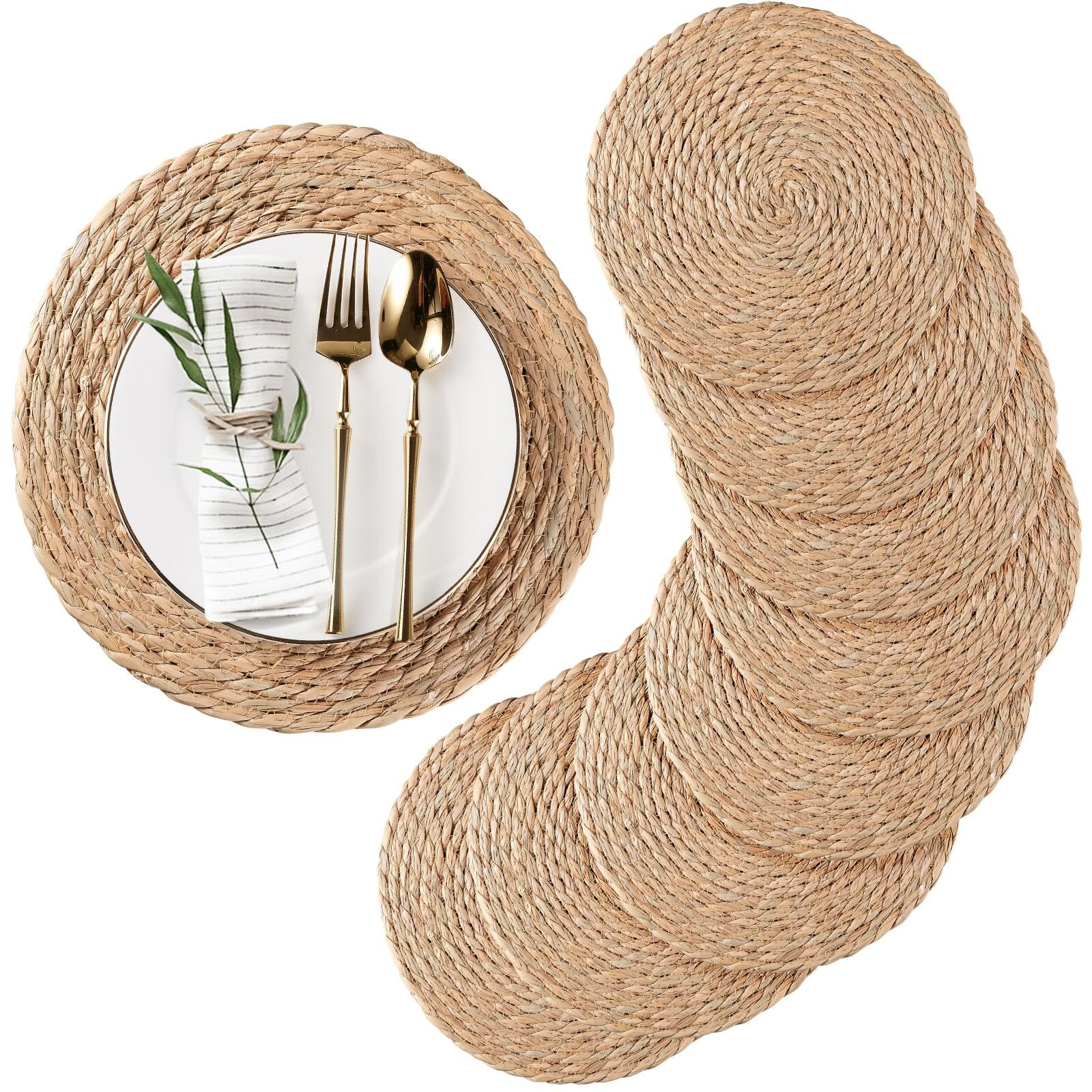 Round Woven Placemats Set Of 8  Natural Water Hyacinth Place Mats  Rattan Placemats Wicker Placemats Farmhouse Boho Braided Heat Resistant Outdoor Placemat Patio Table Place Mats (13.5 Inch Set Of 8)