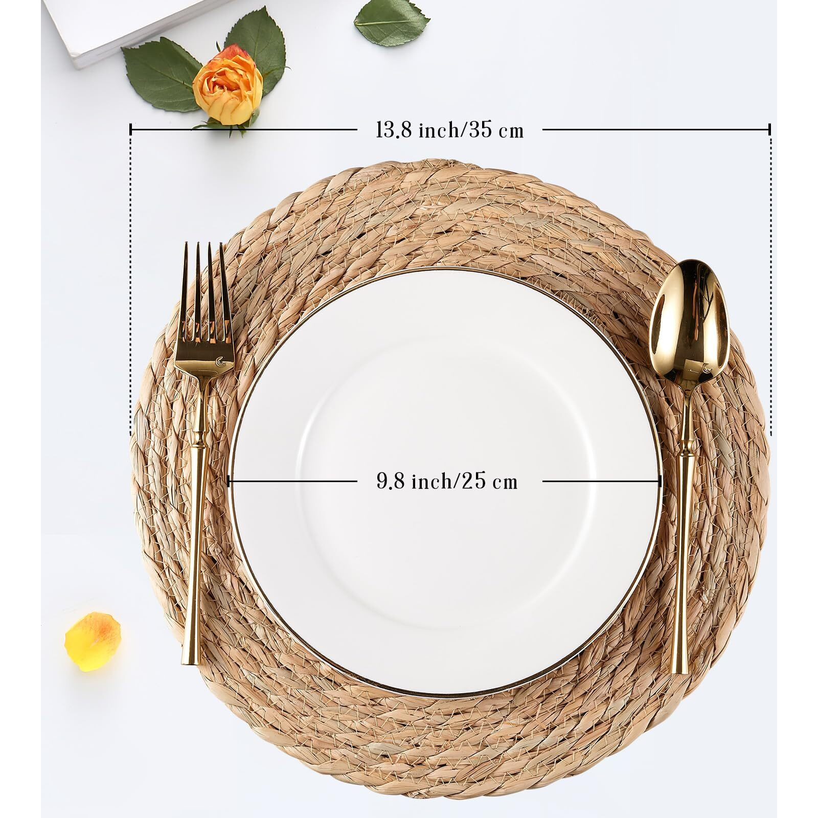 Round Woven Placemats Set Of 8  Natural Water Hyacinth Place Mats  Rattan Placemats Wicker Placemats Farmhouse Boho Braided Heat Resistant Outdoor Placemat Patio Table Place Mats (13.5 Inch Set Of 8)