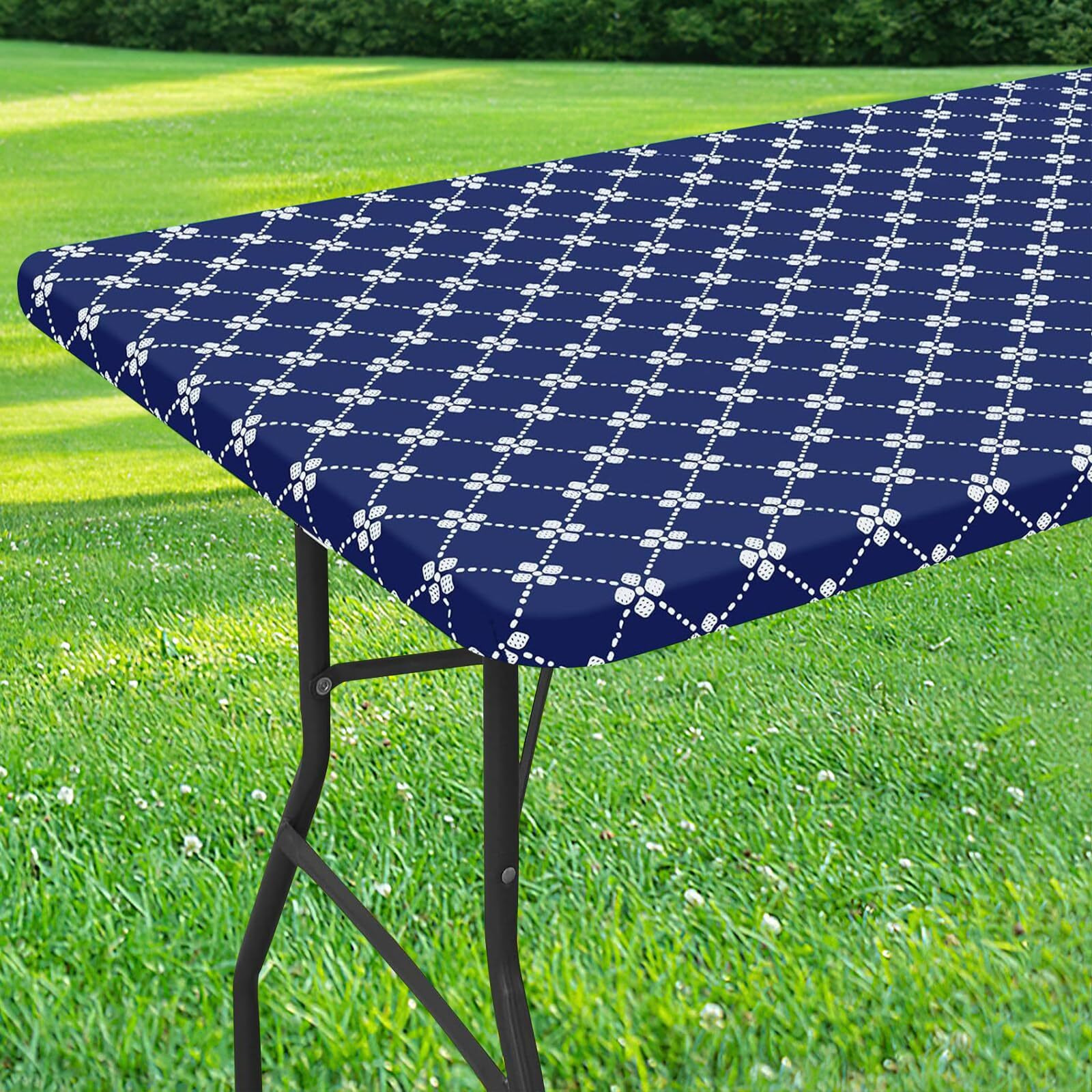 Misaya Rectangle Vinyl Table Cloth  Elastic Fitted Tablecloth With Flannel Backing  Waterproof Plastic Table Cover Fits 4 Foot Folding Tables For Camping  Indoor And Outdoor (Navy  30"" X 48"")
