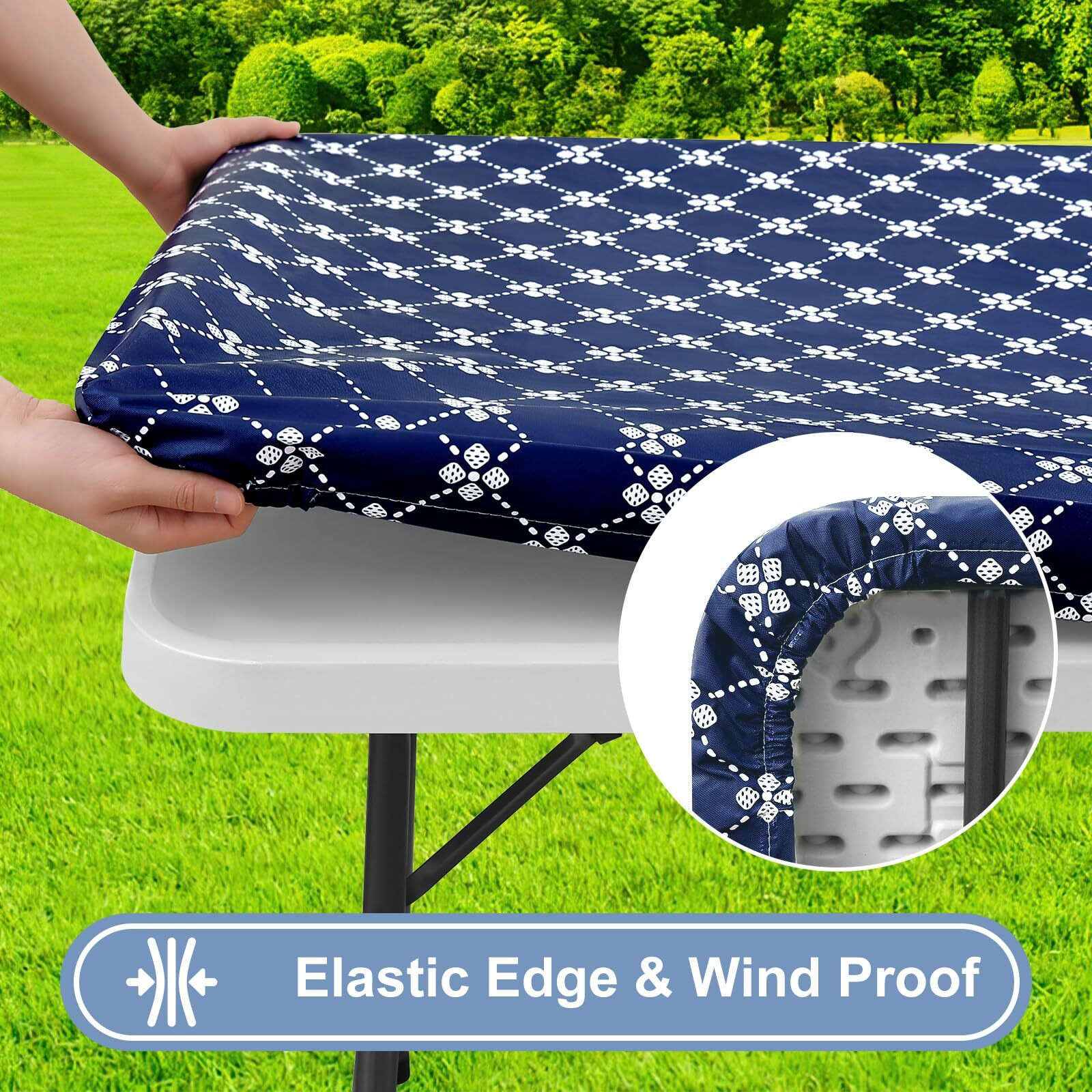 Misaya Rectangle Vinyl Table Cloth  Elastic Fitted Tablecloth With Flannel Backing  Waterproof Plastic Table Cover Fits 4 Foot Folding Tables For Camping  Indoor And Outdoor (Navy  30"" X 48"")