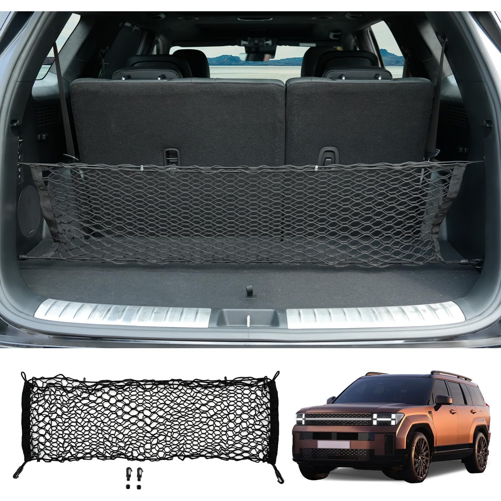 Maxzina Cargo Net Compatible With 2024 2025 Hyundai Santa Fe Truck Bed Cargo Net 3.12'1.02' Double Layer Envelope Style Dense Mesh Trunk Organizer For Santa Fe Exterior Accessories