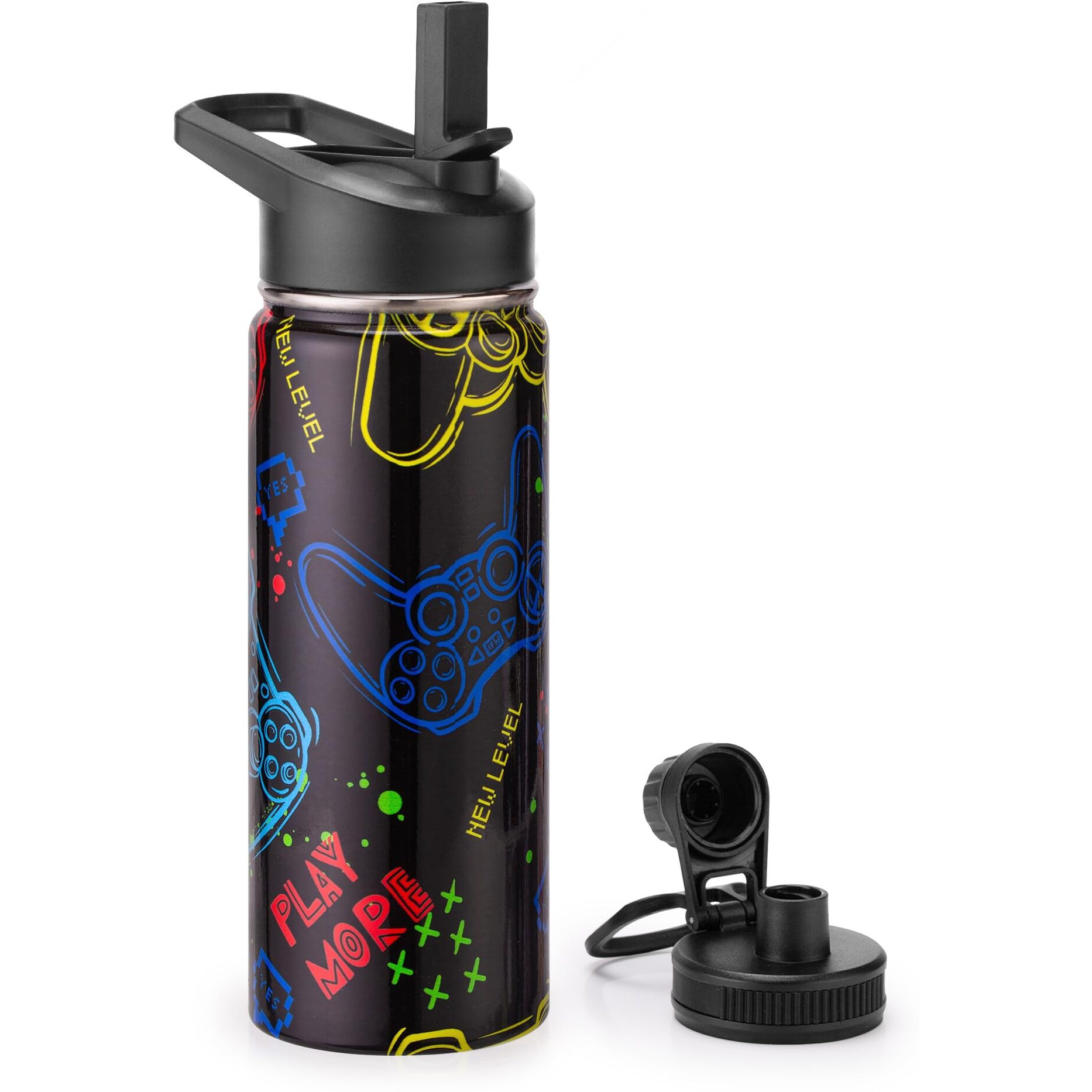 Skyflora 18Oz Insulated Water Bottle With Straw Lid & Spout Lid  Game Controller  Gift For Kids Boys Girls Student Sports Travel Fitness Hiking Outdoors  Double Wall  Hands Wash Only  Black
