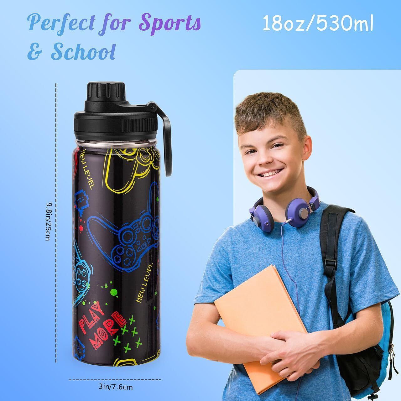 Skyflora 18Oz Insulated Water Bottle With Straw Lid & Spout Lid  Game Controller  Gift For Kids Boys Girls Student Sports Travel Fitness Hiking Outdoors  Double Wall  Hands Wash Only  Black