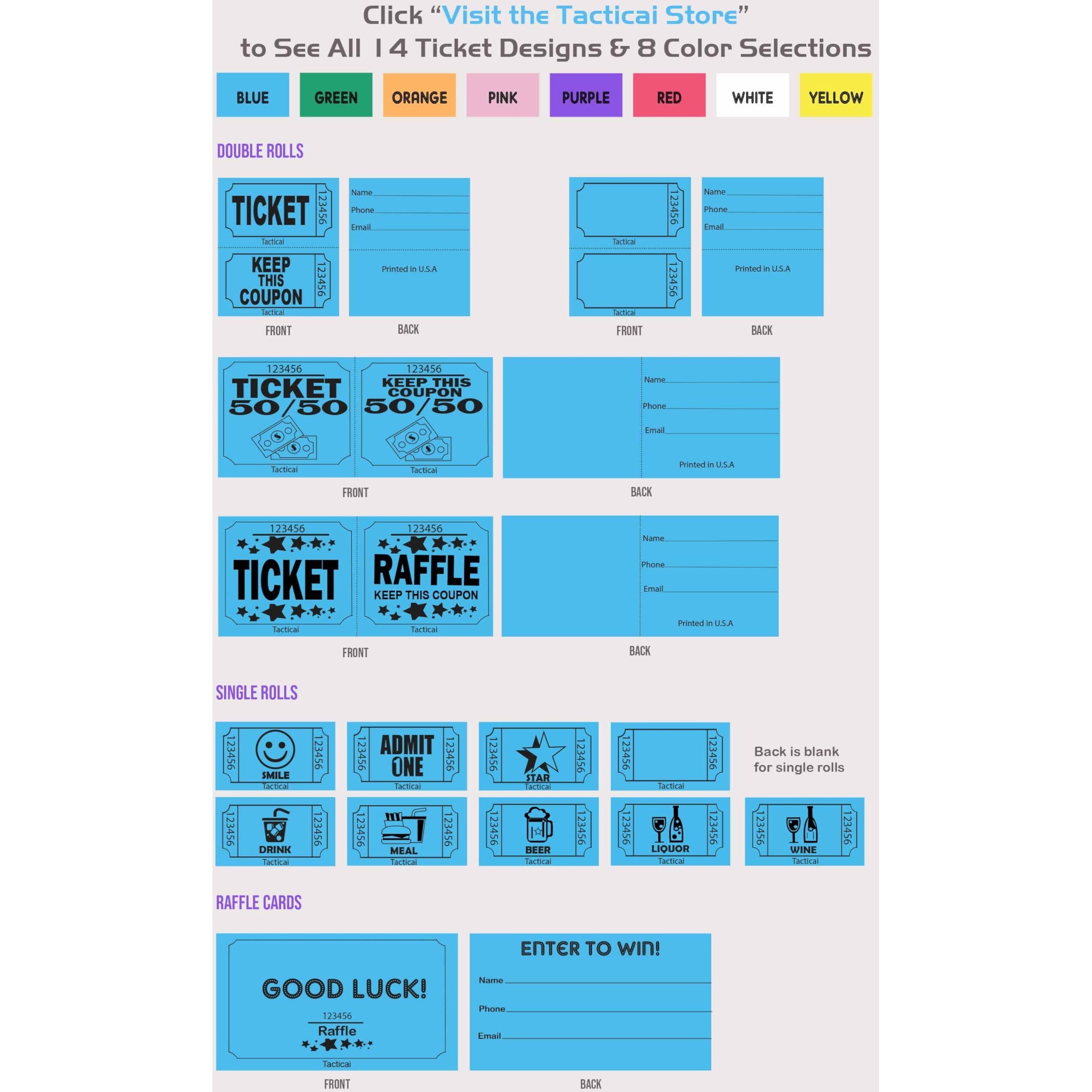 Tacticai 2000 Raffle Tickets  Blank  White (8 Color Selection)  Single Roll  Ticket For Events  Entry  Class Reward  Fundraiser & Prizes