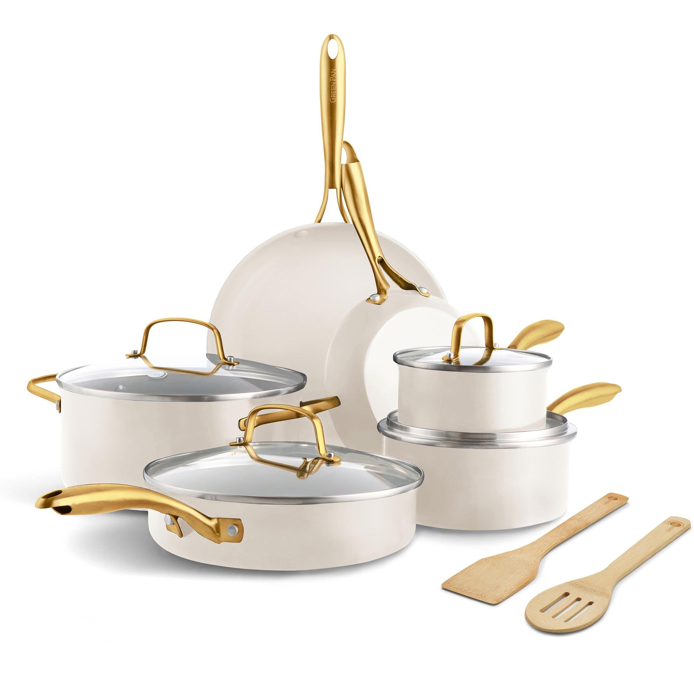 Greenpan Swift 12 Piece Cookware Pot And Pans Set  Pfas & Pfoa-Free Healthy Ceramic Nonstick  Gold Stainless Steel Handle  Versatile Cooking Essentials  Dishwasher & Oven Safe  Cream