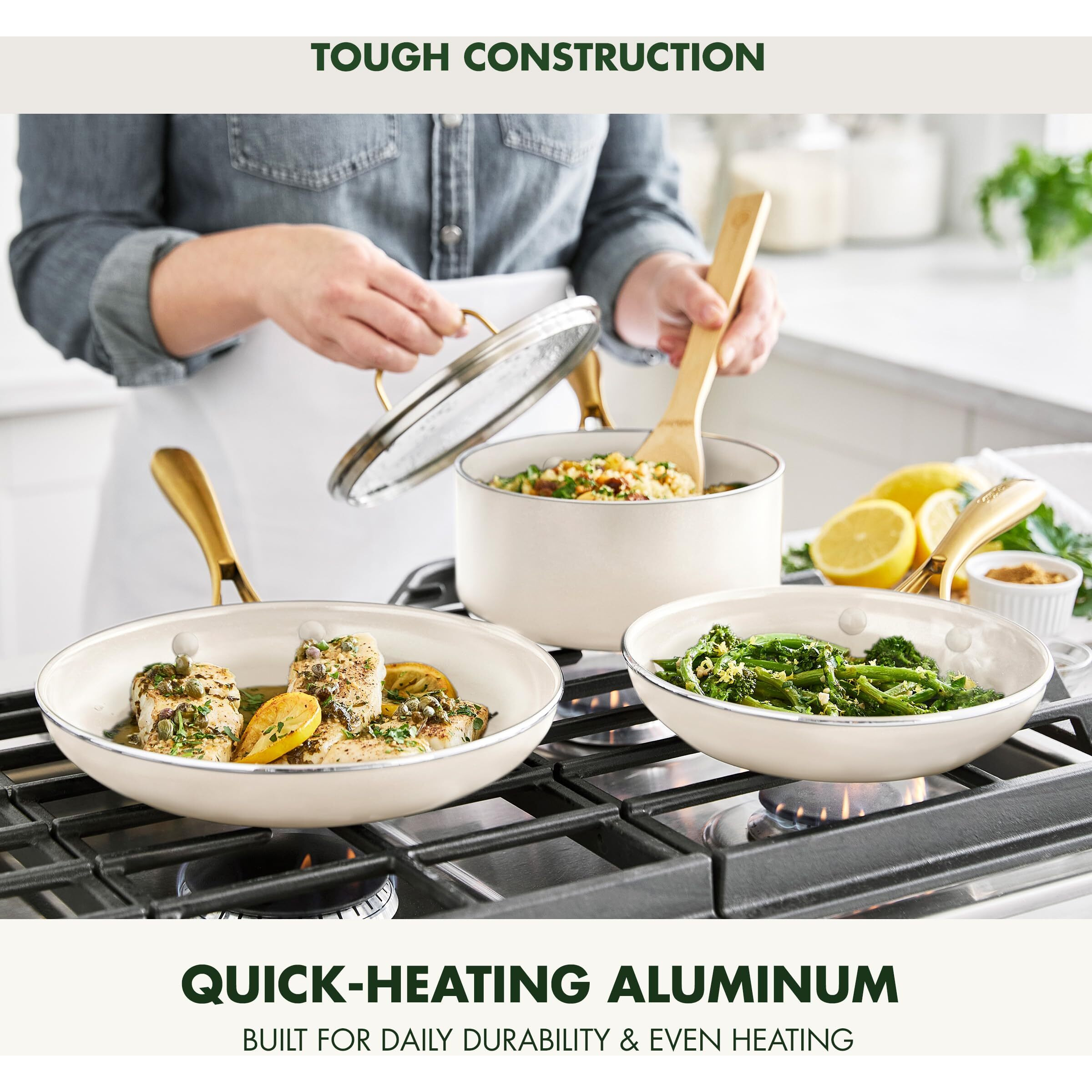 Greenpan Swift 12 Piece Cookware Pot And Pans Set  Pfas & Pfoa-Free Healthy Ceramic Nonstick  Gold Stainless Steel Handle  Versatile Cooking Essentials  Dishwasher & Oven Safe  Cream