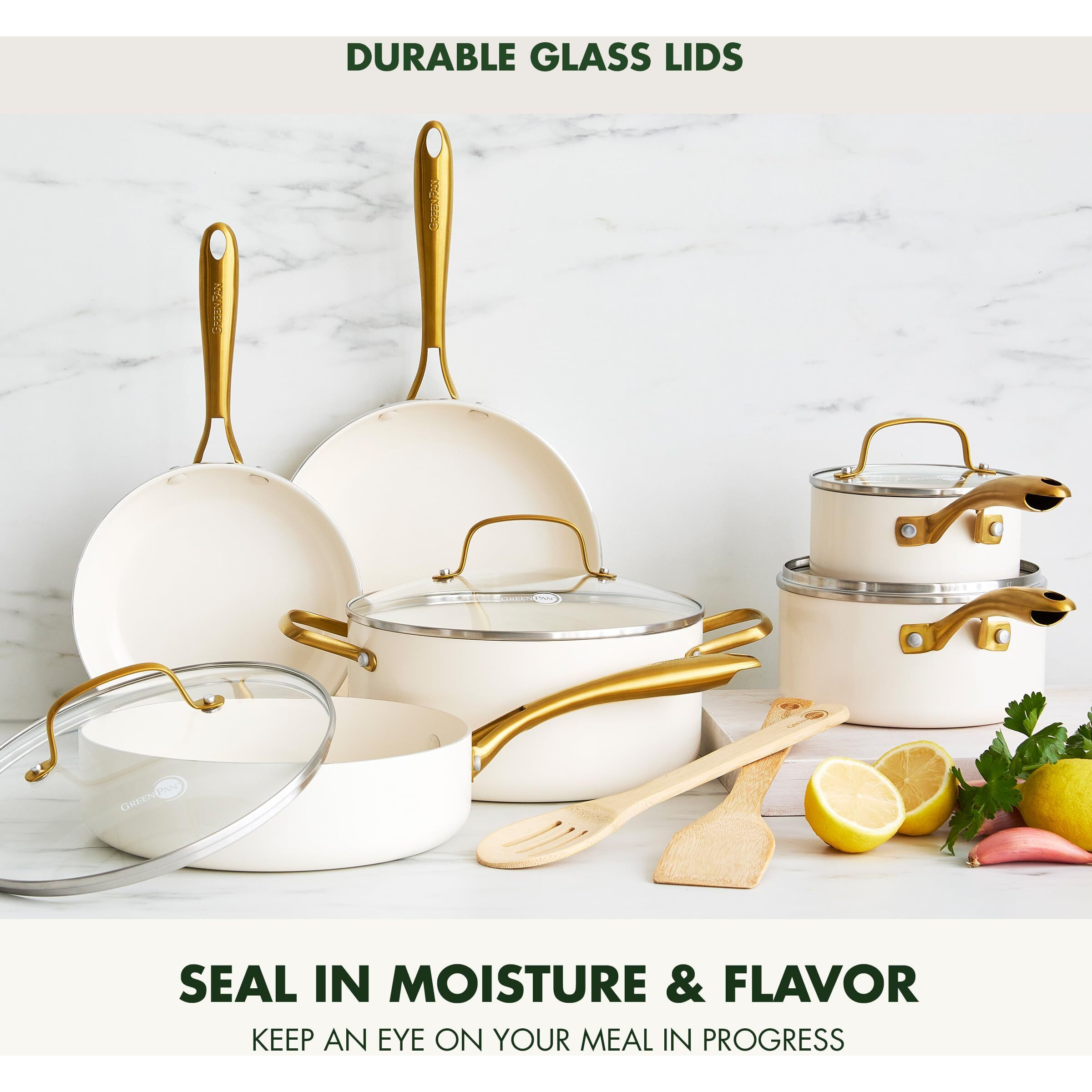 Greenpan Swift 12 Piece Cookware Pot And Pans Set  Pfas & Pfoa-Free Healthy Ceramic Nonstick  Gold Stainless Steel Handle  Versatile Cooking Essentials  Dishwasher & Oven Safe  Cream