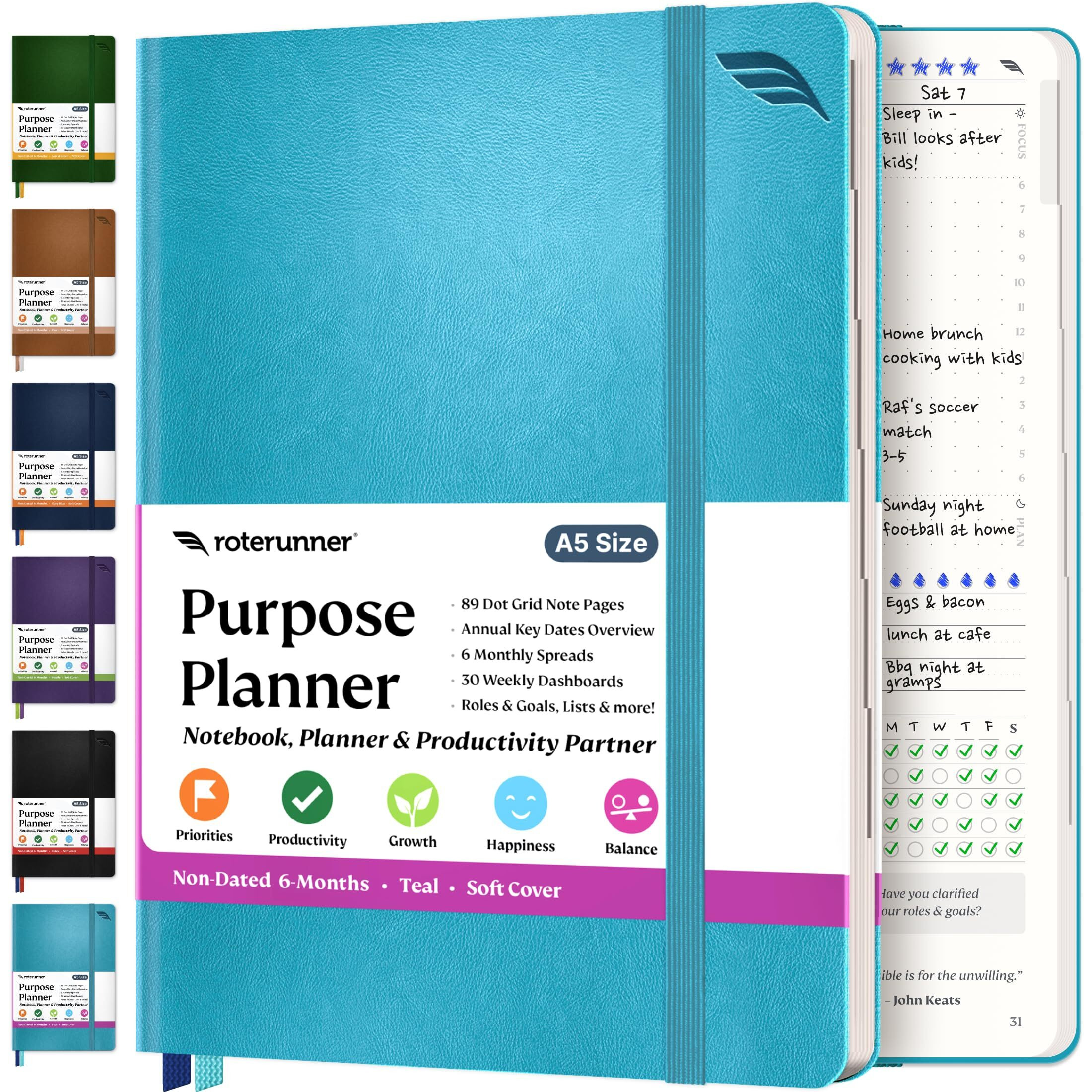 Roterunner Purpose Planner Notebook A5 5.8 X8.3  Undated 2025 Daily Weekly And Monthly Productivity Goal Setting Tool For Work Home Adhd Planner For Adults Self Care Journal (Teal Softcover)