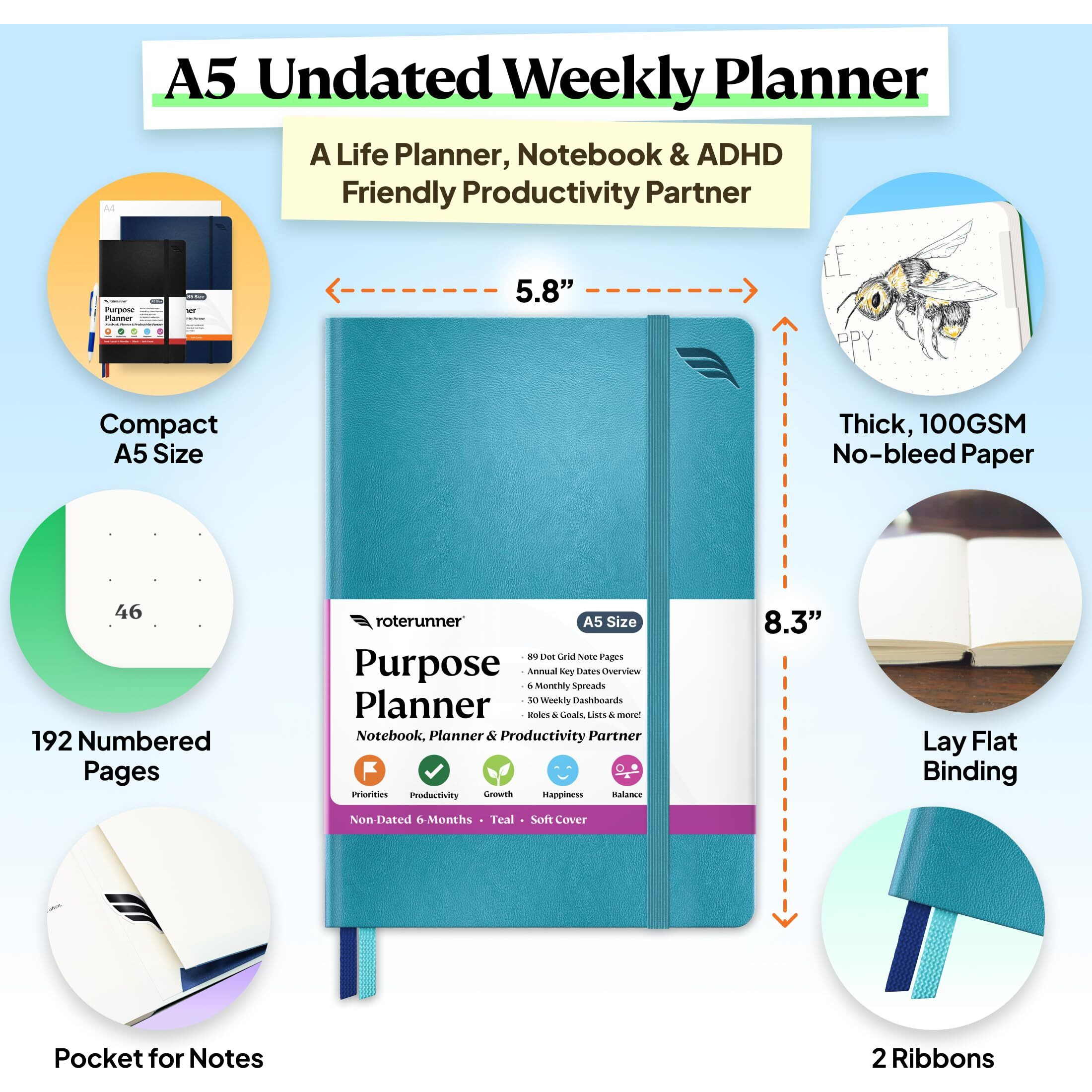 Roterunner Purpose Planner Notebook A5 5.8 X8.3  Undated 2025 Daily Weekly And Monthly Productivity Goal Setting Tool For Work Home Adhd Planner For Adults Self Care Journal (Teal Softcover)