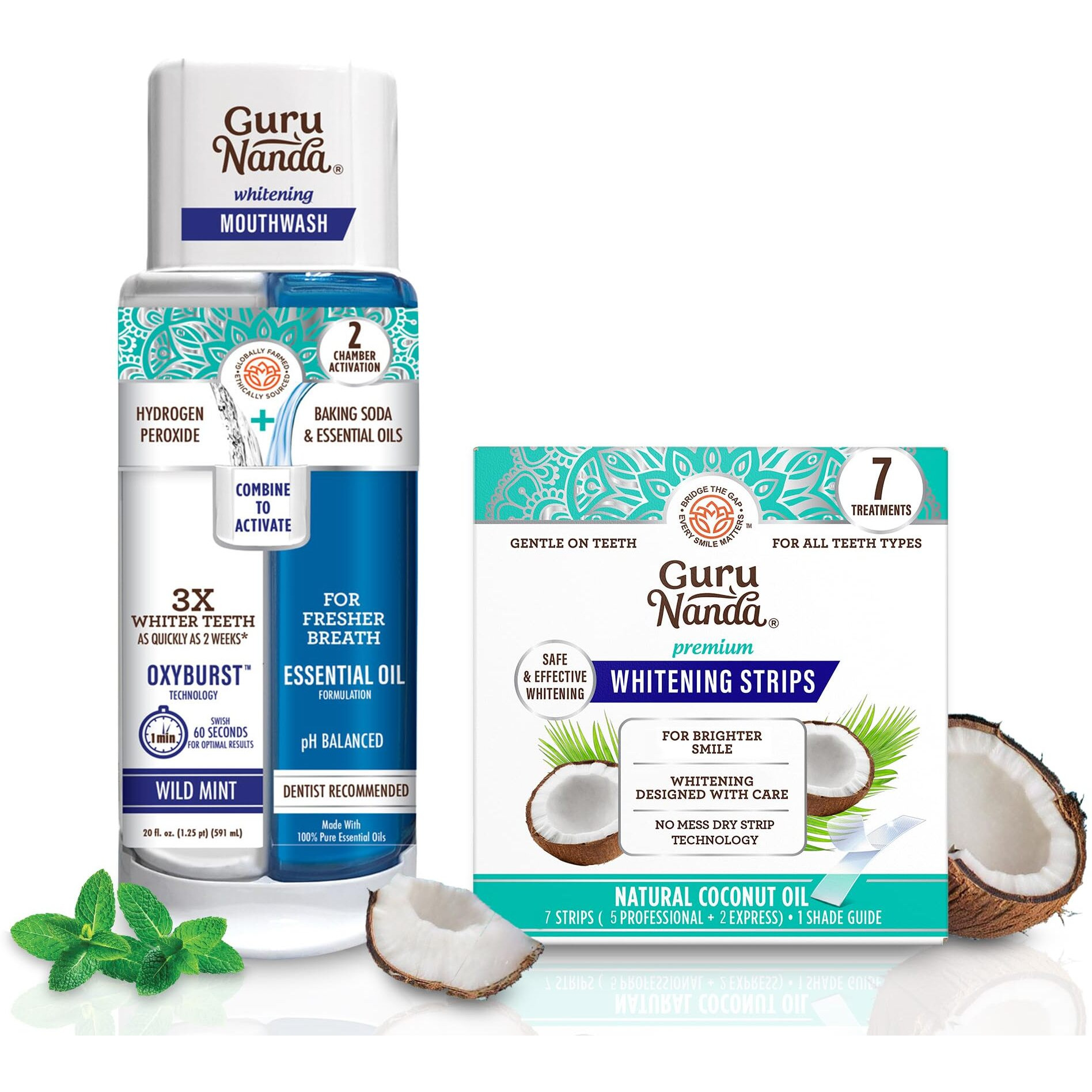 Gurunanda Whitening Wonder Duo  Dual Barrel Oxyburst Whitening Mouthwash 20 Oz & Teeth Whitening Strips With No Slip  Dry Strip Tech  7 Day Treatments