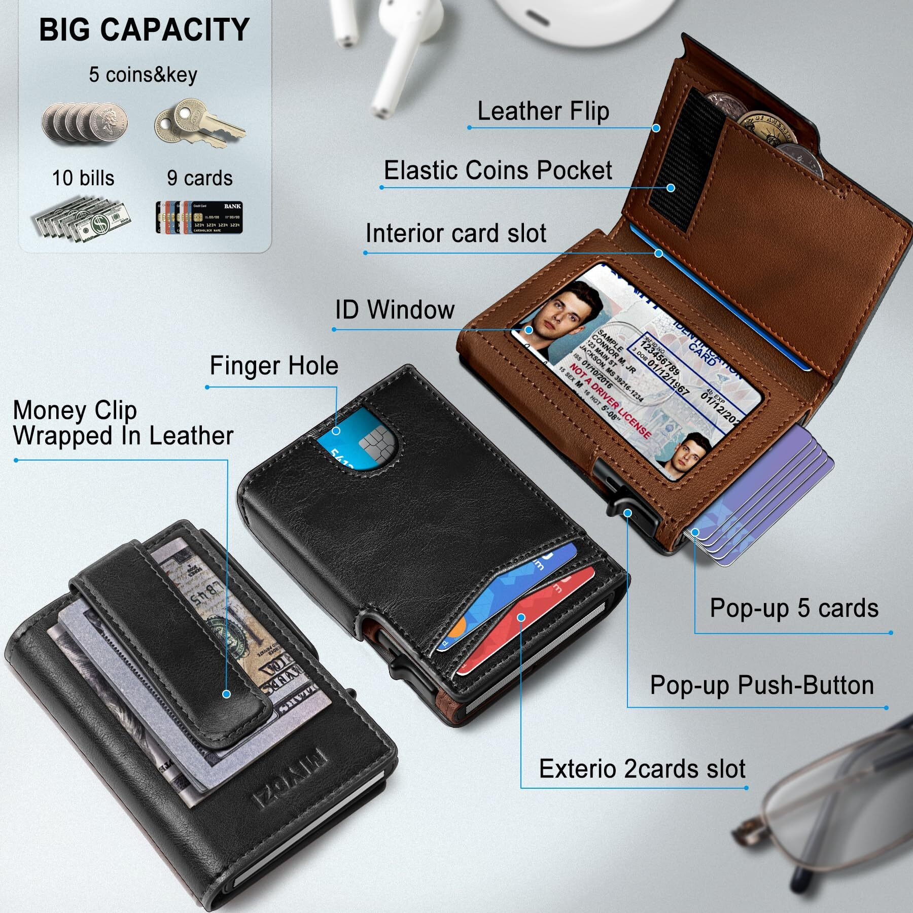 Miyozi Men Wallet With Money Clip Coins Pocket Id Window Slim Front Pocket Rfid Blocking Pop-Up Card Holder 3.9"&quotX 2.7""  Gift Boxed
