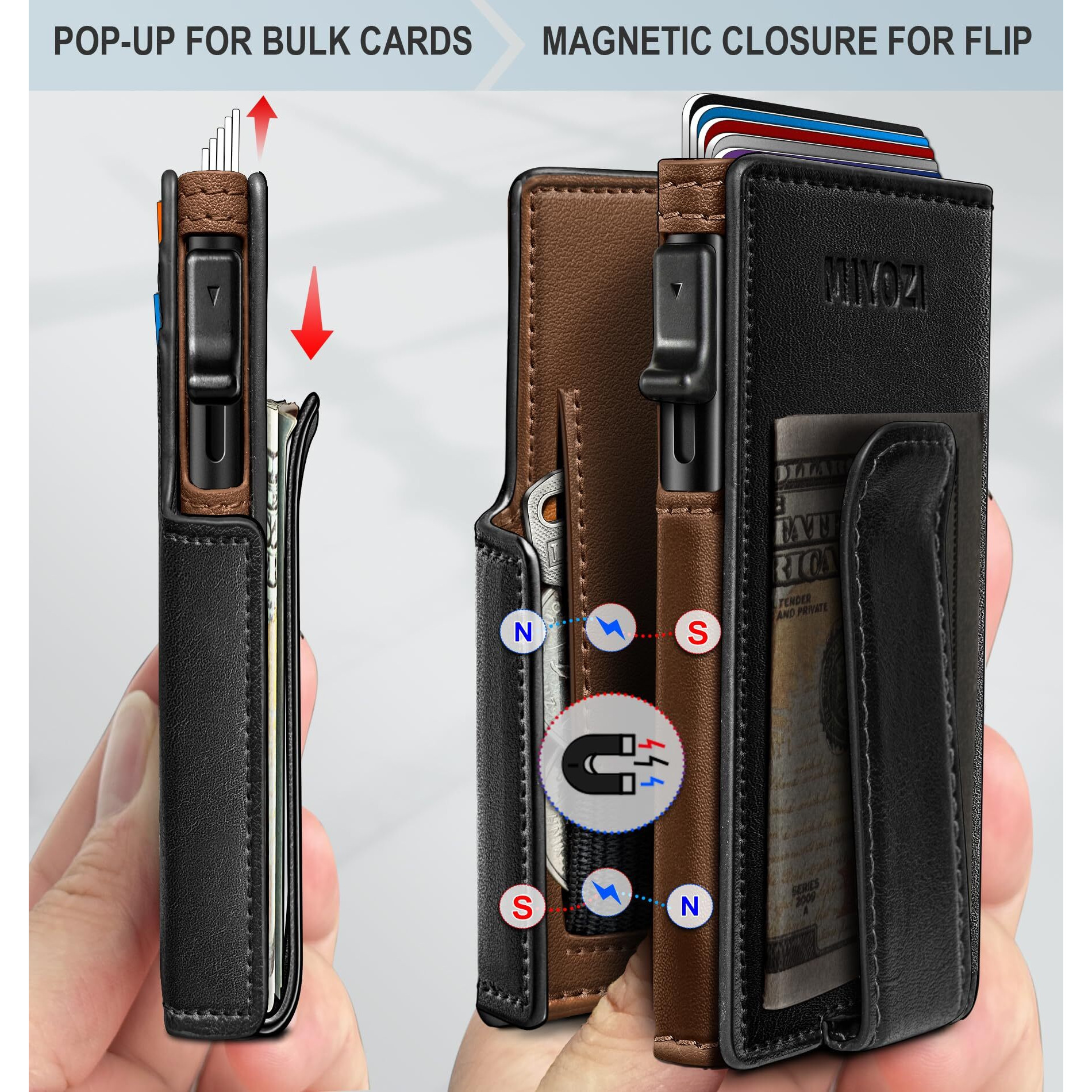 Miyozi Men Wallet With Money Clip Coins Pocket Id Window Slim Front Pocket Rfid Blocking Pop-Up Card Holder 3.9"&quotX 2.7""  Gift Boxed