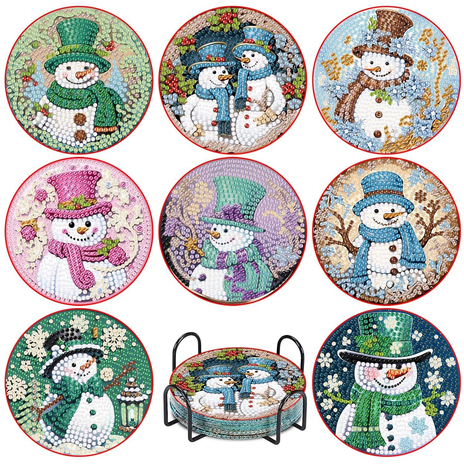 8 Pcs Christmas Diamond Painting Coasters Kits With Holder Diy Snowman Diamond Art Coaster Kits For Adults & Kids Paint With Diamonds Coasters Craft Supplies For Holiday Decor Gifts