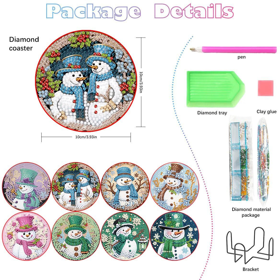 8 Pcs Christmas Diamond Painting Coasters Kits With Holder Diy Snowman Diamond Art Coaster Kits For Adults & Kids Paint With Diamonds Coasters Craft Supplies For Holiday Decor Gifts