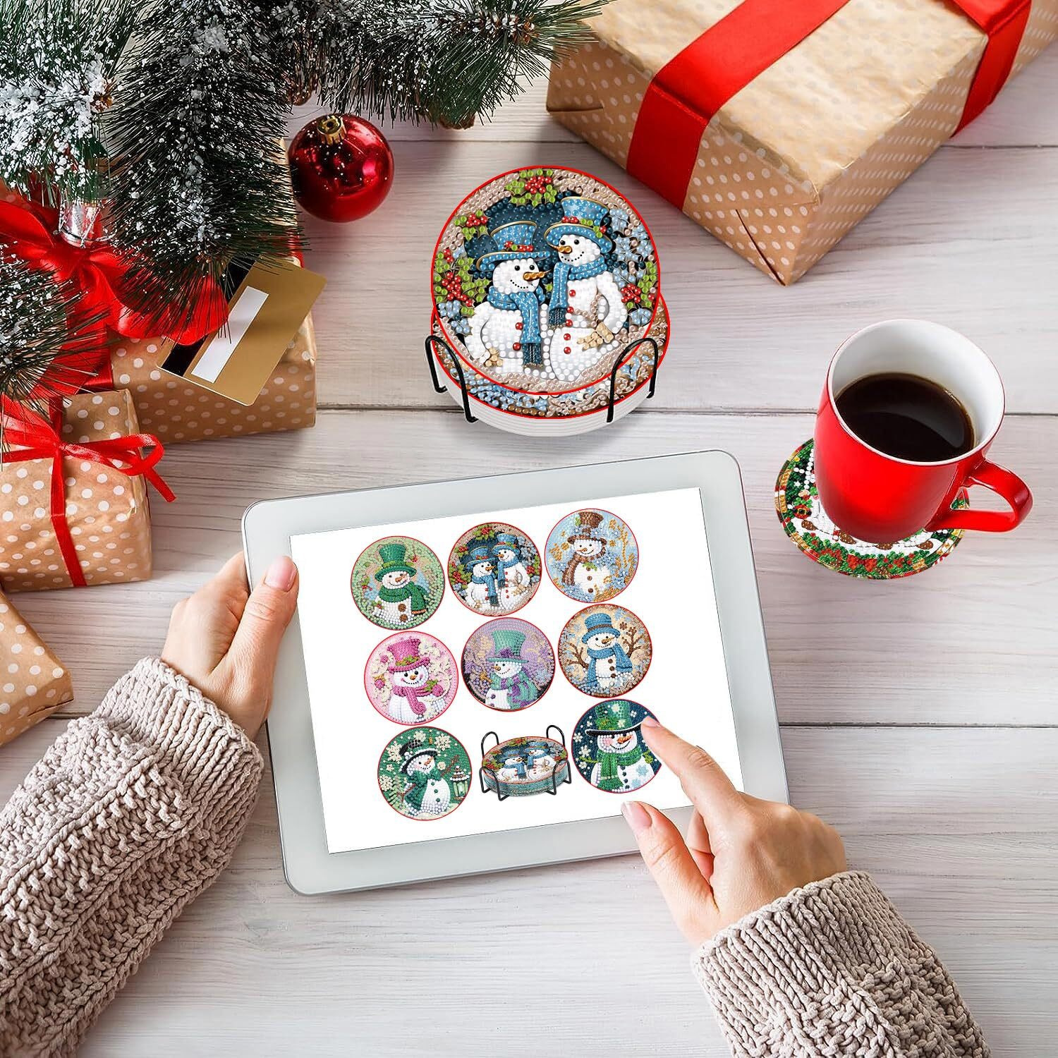 8 Pcs Christmas Diamond Painting Coasters Kits With Holder Diy Snowman Diamond Art Coaster Kits For Adults & Kids Paint With Diamonds Coasters Craft Supplies For Holiday Decor Gifts