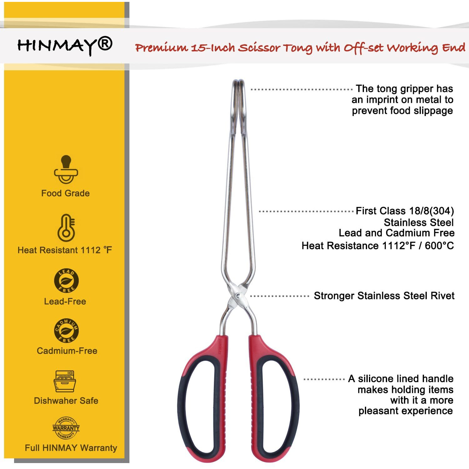 Hinmay Extra Long Scissor Tongs 15-Inch Stainless Steel Barbecue Grilling Tongs