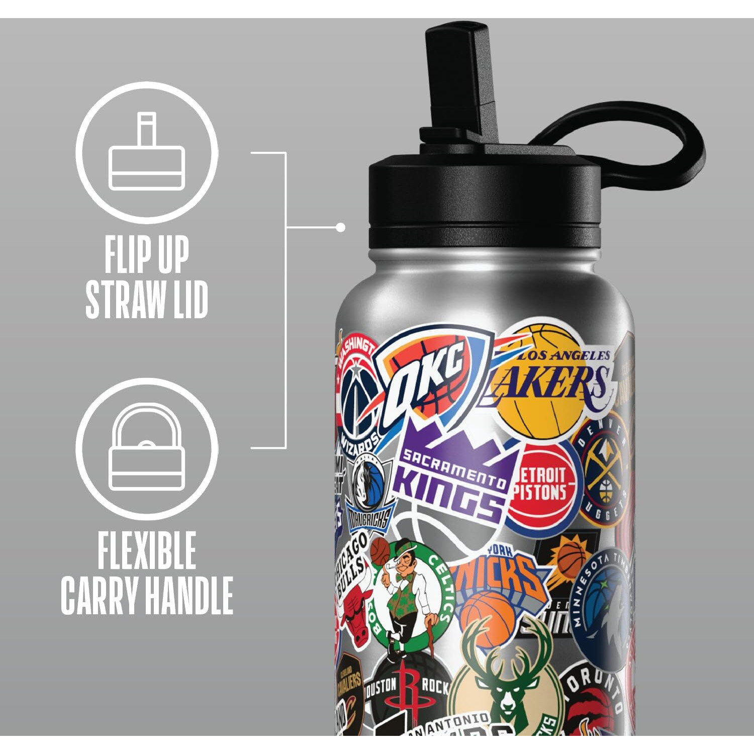 Hydrapeak X Nba Officially Licensed All Team Sticker Print 32 Oz Insulated Water Bottle With Straw Lid And Handle (Current)