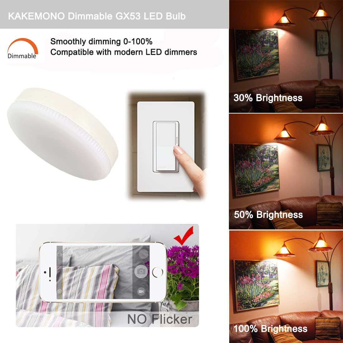 Kakemono Dimmable Gx53 Led Light Bulb 7W  5000K Daylight White  50W Halogen Replacement For 120V Under Cabinet  Ceiling Lighting  Pack Of 4