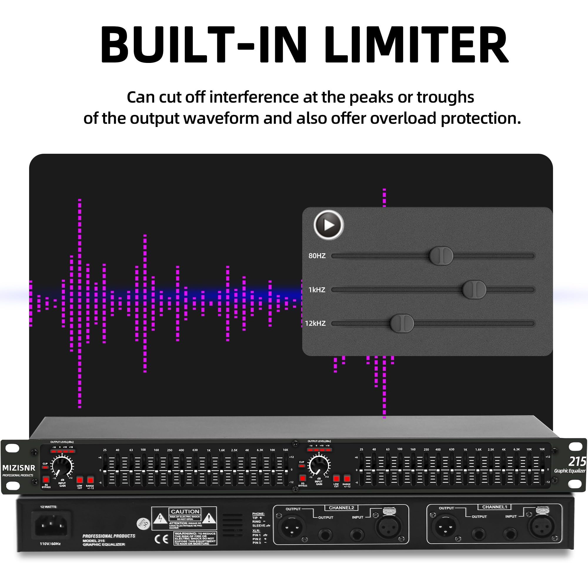 Mizisnr Graphic Equalizer 15-Band Stereo Eq For Home Audio  Dual Channel Professional Dj Equalizer  Noise Reduction 1U Rack Mount (Eq-215)