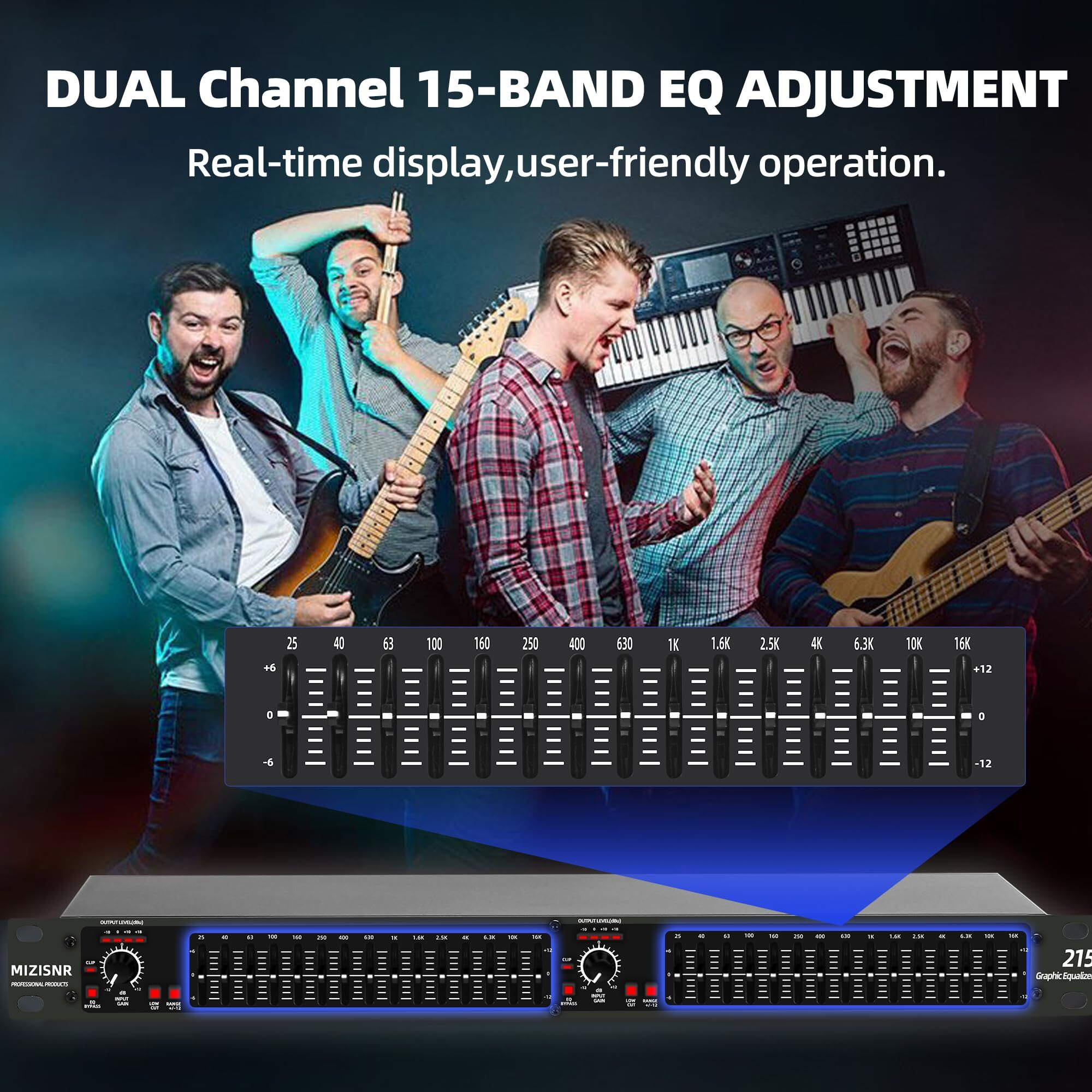 Mizisnr Graphic Equalizer 15-Band Stereo Eq For Home Audio  Dual Channel Professional Dj Equalizer  Noise Reduction 1U Rack Mount (Eq-215)