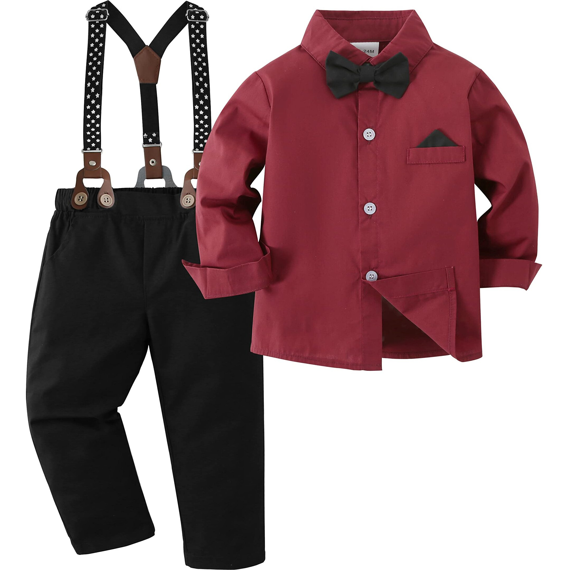 Disaur Boys Wedding Guest Outfit Short Sleeve White Flower Dress Shirt Bow Tie Suspender White Plaid Pants Back To School Gentleman Clothing 5T 5-6 Years