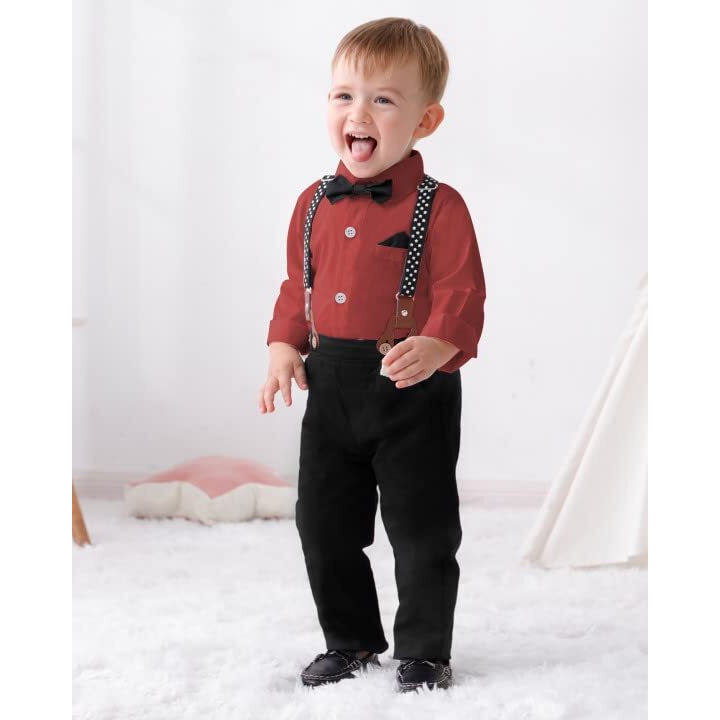 Disaur Boys Wedding Guest Outfit Short Sleeve White Flower Dress Shirt Bow Tie Suspender White Plaid Pants Back To School Gentleman Clothing 5T 5-6 Years